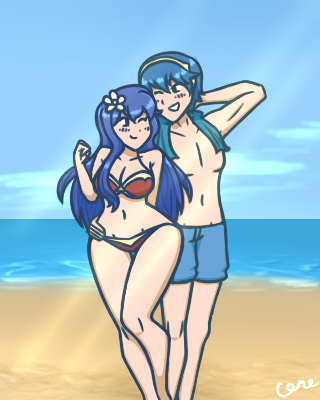 1boy 1boy1girl 1girls blue_eyes blue_hair caeda_(fire_emblem) corenality couple couple_hug fire_emblem fire_emblem:_mystery_of_the_emblem fire_emblem:_shadow_dragon_and_the_blade_of_light hand_on_waist hug marth_(fire_emblem) muscles red_bikini romantic romantic_ambiance romantic_couple swimsuit wink