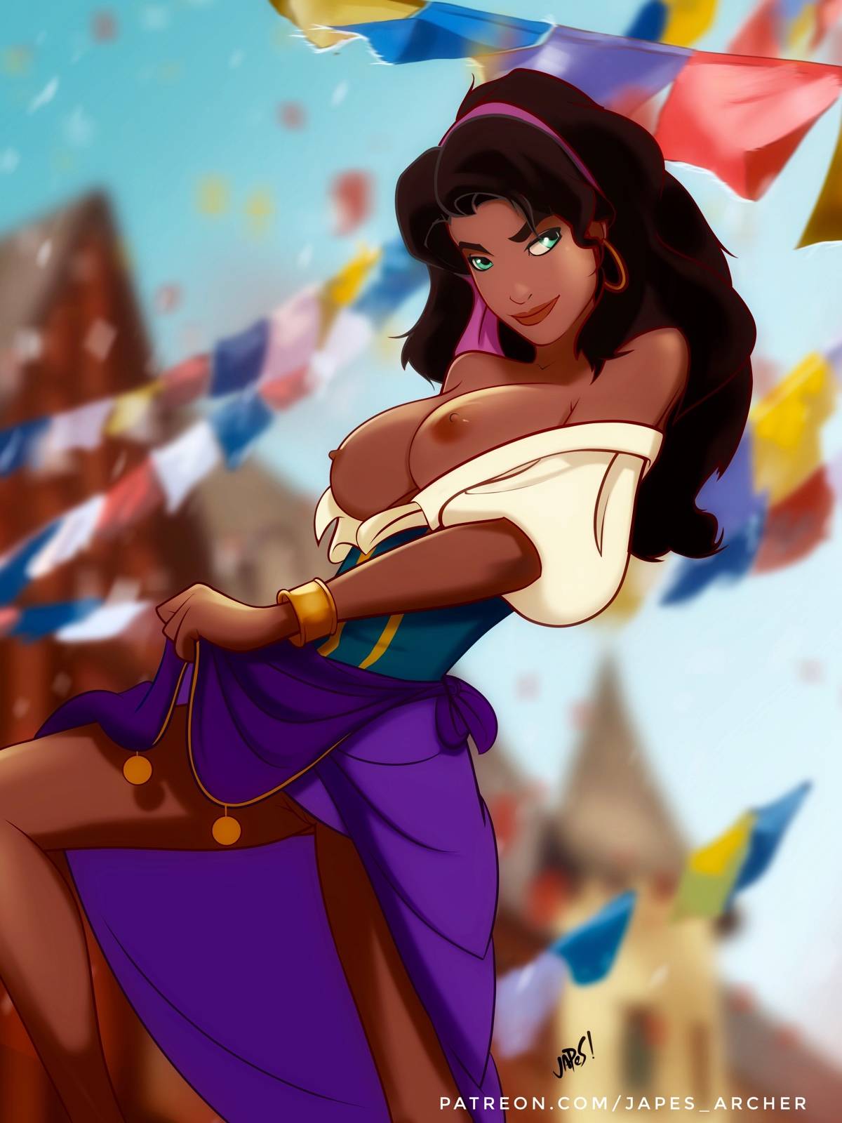 1girls black_hair breasts dark-skinned_female disney esmeralda female female_focus female_only gypsy japes nipples presenting_pussy pussy shaved_pussy skirt_lift the_hunchback_of_notre_dame