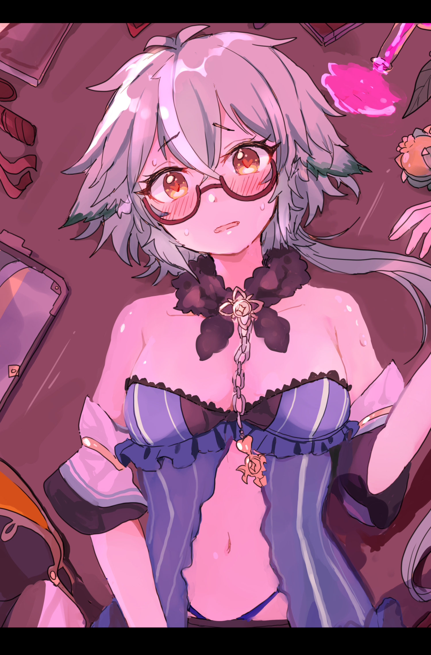 1girls, albedo (genshin impact), animal ears, aphrodisiac, blush, breasts, clothing, embarrassed, female, genshin impact, glasses, green hair, heart-shaped pupils, lovealchemists, panties, revealing clothes, sucrose (genshin impact), yellow eyes