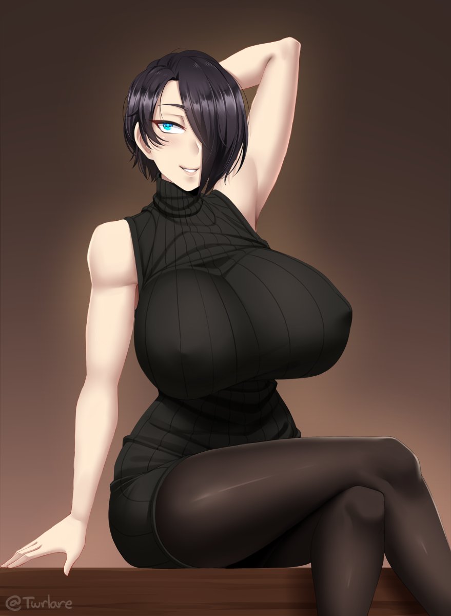 1girls, aqua eyes, armpits, bare shoulders, big breasts, black hair, black sweater, breasts, cleavage, clothed, clothes, clothing, erect nipples, erect nipples under clothes, female, female focus, female only, fully clothed, hair over one eye, high resolution, highres, hips, huge breasts, human, human only, humanoid, large breasts, leggings, legs crossed, nipples, nipples bulge, original, original character, puffy nipples, saya (twrlare), sleeveless, solo, solo female, thick, thick thighs, thighs, twrlare, wide hips