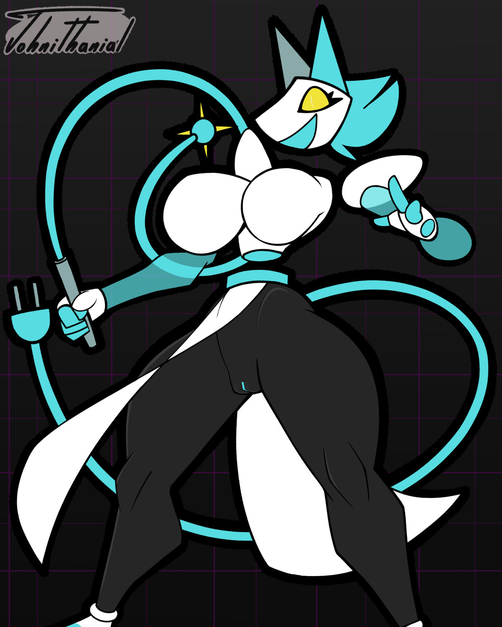 1girls, 2021, big breasts, black body, breasts, deltarune, exposed pussy, female, female only, johnithanial, mace, open mouth, pussy, solo, solo female, tagme, tasque manager (deltarune), thick thighs, yellow eyes