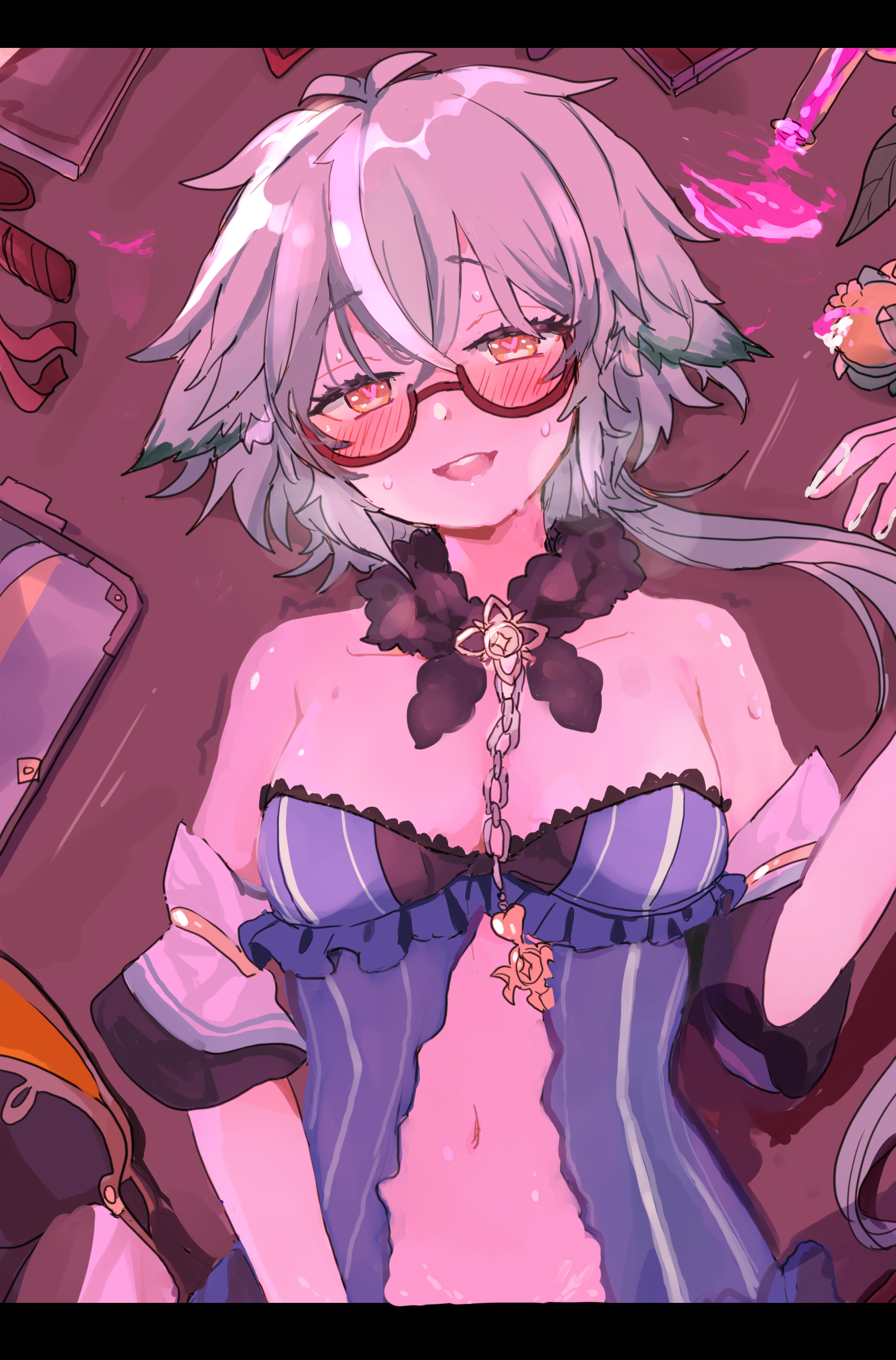 1girls, albedo (genshin impact), animal ears, aphrodisiac, blush, female, fingering, fingering self, genshin impact, glasses, green hair, heart-shaped pupils, lovealchemists, masturbation, nightwear, revealing clothes, sucrose (genshin impact), sweat, yellow eyes