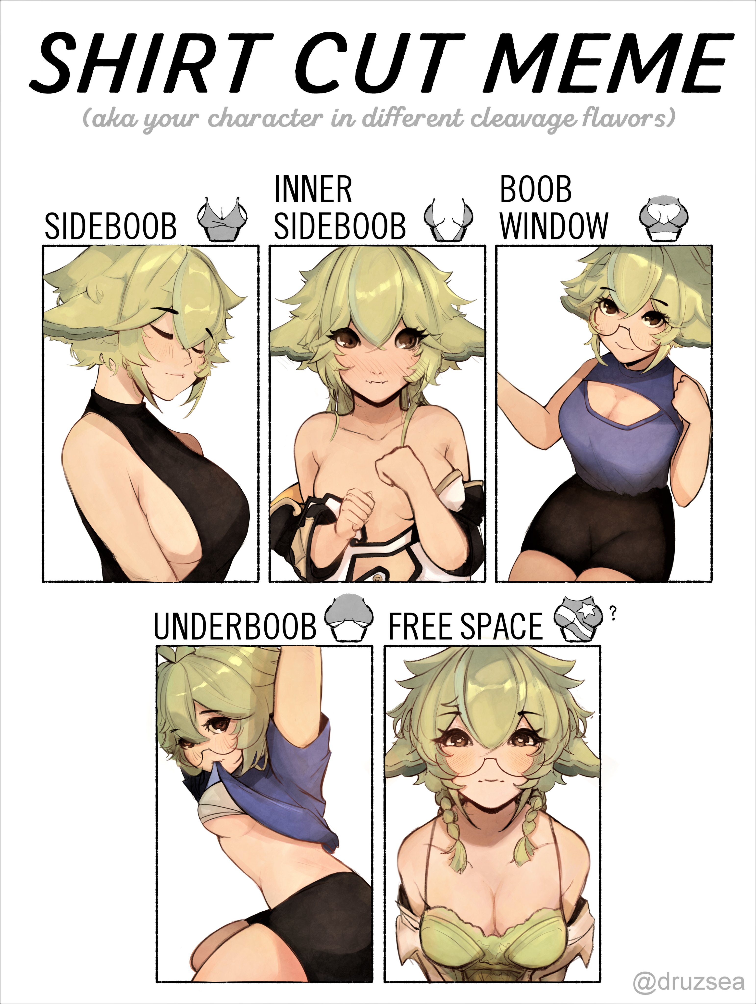 1girls, animal ears, big breasts, blue picmi, boob window, breasts, female, genshin impact, glasses, green hair, revealing clothes, shirt cut meme, sucrose (genshin impact), teasing, tight clothing, yellow eyes