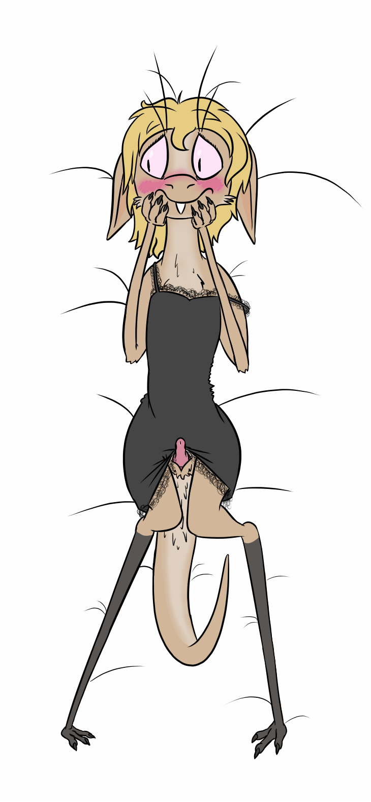 anthro blush bottomwear cheek_tuft chest_tuft clothed clothing clothing_lift crossdressing dakimakura_design ears_down erection facial_tuft genitals hands_on_cheeks happy_harvey hi_res knock-kneed looking_aside looking_away lopin lying male mammal nightgown on_back out-of-placers penis phone_drawing pink_eyes pivoted_ears presenting simple_background skirt skirt_lift solo tail_between_legs tail_tuft tuft webcomic white_background yinglet