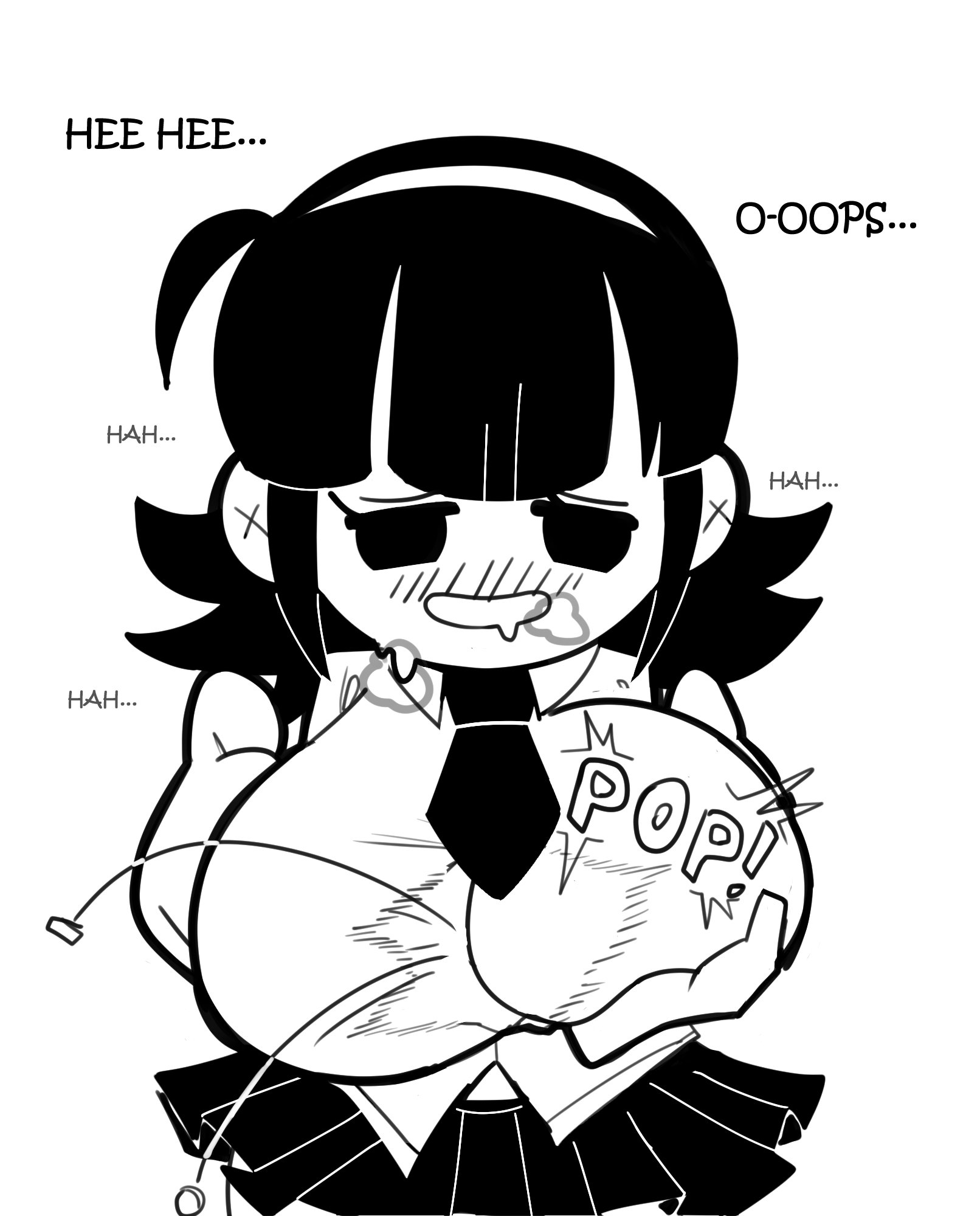 1girls, alternate version available, big breasts, black hair, blush, breasts, busty, buttons, cleavage, curvy, dialogue, dotodonoto, female, grope, groping, heavy breathing, large breasts, mob face, original, original character, panting, popped button, pov, school uniform, skirt, stinky (dotodonoto), text, tight clothing