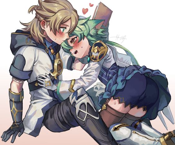 1boy, 1girls, 6623690 on pixiv, albedo (genshin impact), aroused, ass, blonde hair, blue eyes, blush, cameltoe, crotch, female, genshin impact, green hair, male, pussy, sucrose (genshin impact), thighs, yellow eyes