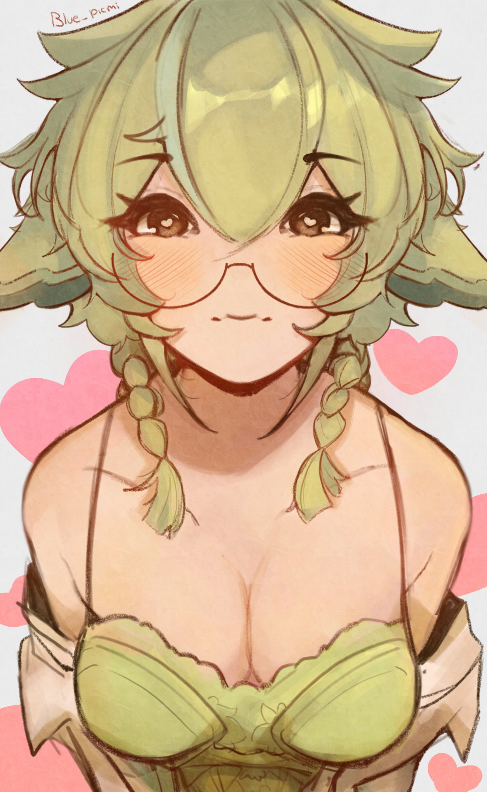 1girls, animal ears, big breasts, blue picmi, blush, breasts, clothing, female, genshin impact, glasses, green hair, heart-shaped pupils, lingerie, sucrose (genshin impact), yellow eyes