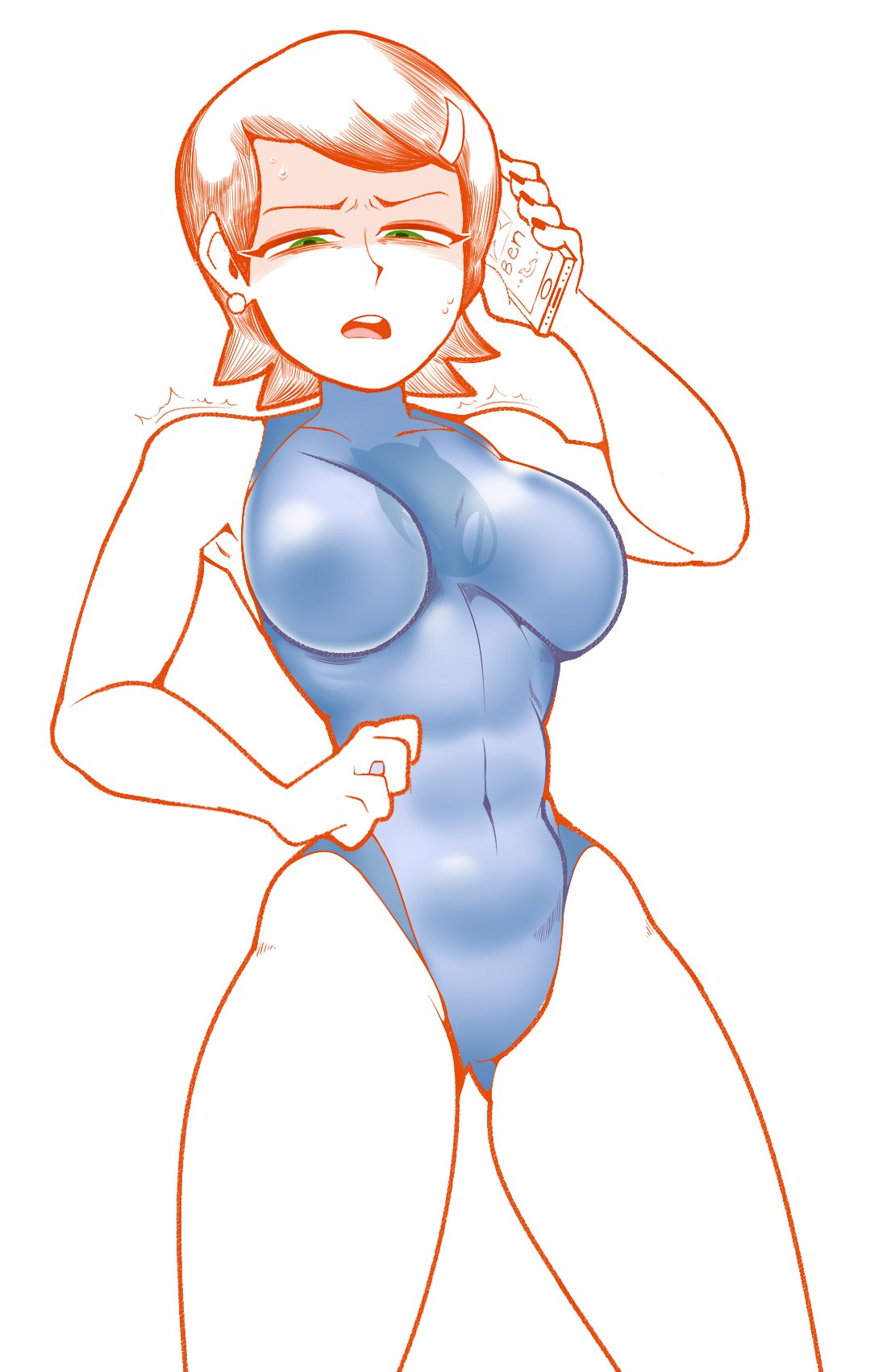 1girls, ben 10, ben 10 (classic), big breasts, blue swimsuit, breasts, cartoon network, competition swimsuit, eye contact, female, green eyes, gwen tennyson, gwen tennyson (classic), half-closed eyes, looking at viewer, looking down, one-piece swimsuit, orange hair, pani, phone, short hair, solo, standing, swimsuit, thick thighs, thighs, trembling, white background