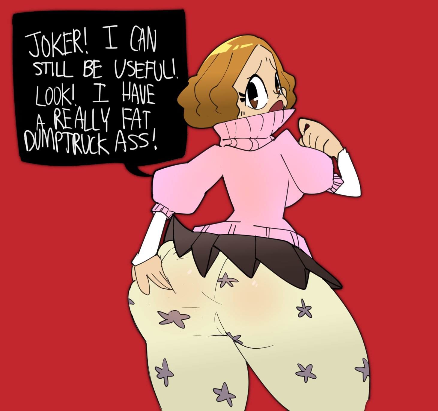1girls, ass, ass size talk, atlus, begging, big ass, big breasts, breasts, bubble ass, bubble butt, curly hair, dialogue, dotodonoto, dumpy, fat ass, female, funny, grabbing ass, grabbing own ass, haru okumura, help, helping, huge ass, huge butt, humor, joker (persona), massive ass, no background, offscreen character, orange hair, pants, persona, persona 5, pleading, presenting hindquarters, red background, round ass, round butt, see-through, see-through clothing, shin megami tensei, showing ass, simple background, size talk, skin tight, spreading, spreading ass, text, thick ass, thick thighs, twitter link