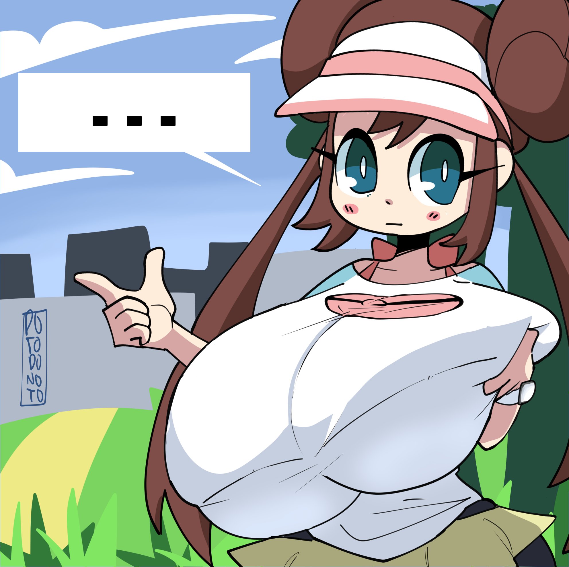 ..., 1girls, alternate breast size, alternate version available, blush, breasts, buns, busty, curvy, cute, dialogue, dotodonoto, female, game freak, gigantic breasts, huge breasts, hyper, hyper breasts, nintendo, pokemon, pokemon bw, pokemon bw2, rosa (pokemon), text