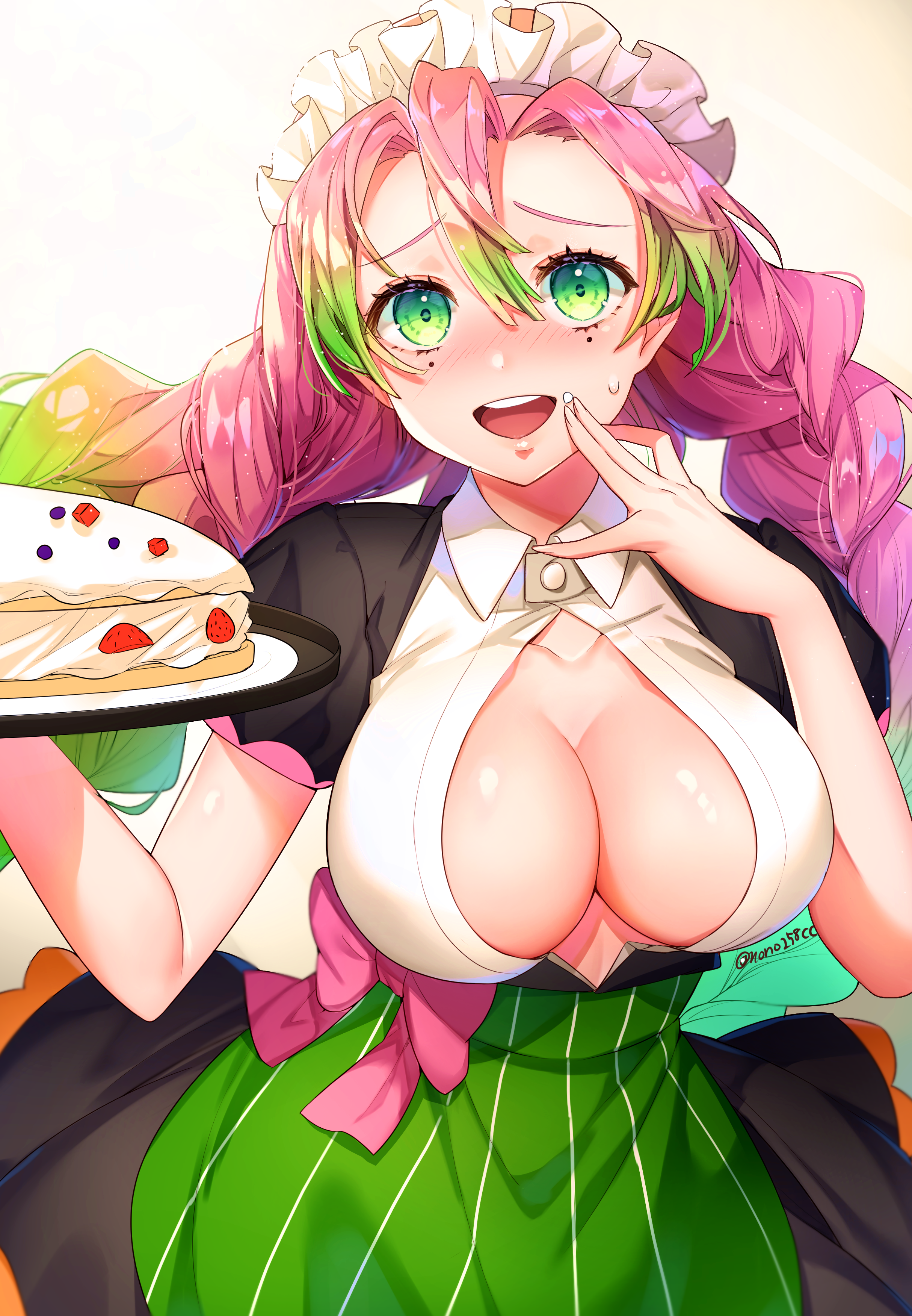 1girls, alternate costume, apron, big breasts, blush, braided hair, breasts, cleavage, cleavage cutout, demon slayer, female, female only, green eyes, kanroji mitsuri, kimetsu no yaiba, looking at viewer, maid headdress, maid uniform, mole under eye, no bra, nonomaro, open mouth, open shirt, pink hair, pink-haired female, shiny skin, smile, solo, two-tone hair, waitress