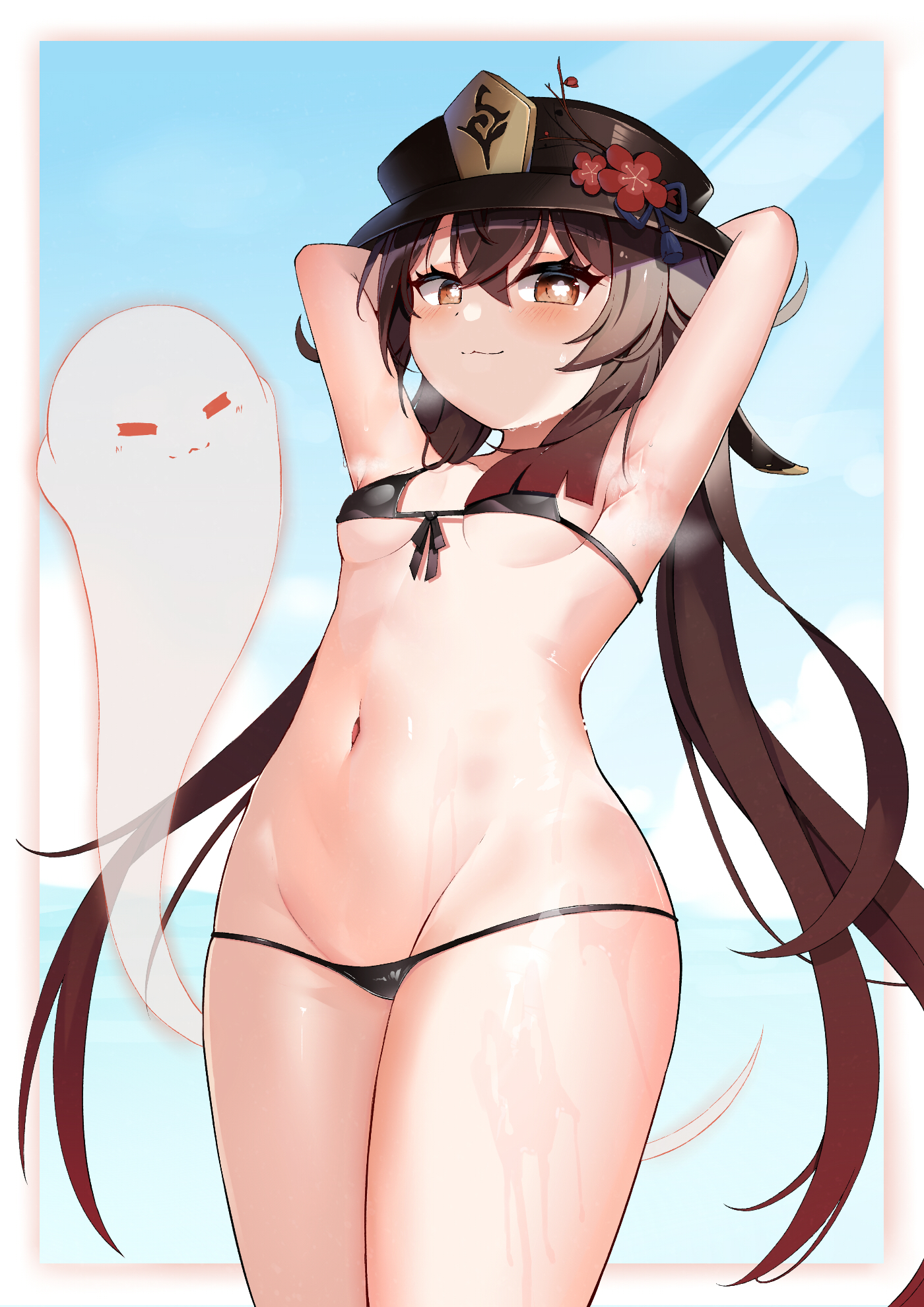 :3, alternate costume, armpits, arms behind back, bangs, bare shoulders, bikini, black bikini, blue sky, blush, breasts, brown hair, cleavage, cloud, cloudy sky, collarbone, commentary request, eyebrows visible through hair, female, genshin impact, ghost, groin, hair between eyes, highres, hu tao (genshin impact), long hair, looking at viewer, lucifina 006, micro bikini, midriff, navel, orange eyes, sidelocks, sky, small breasts, smile, spaghetti strap, swimsuit, symbol-shaped pupils, thighs, twintails