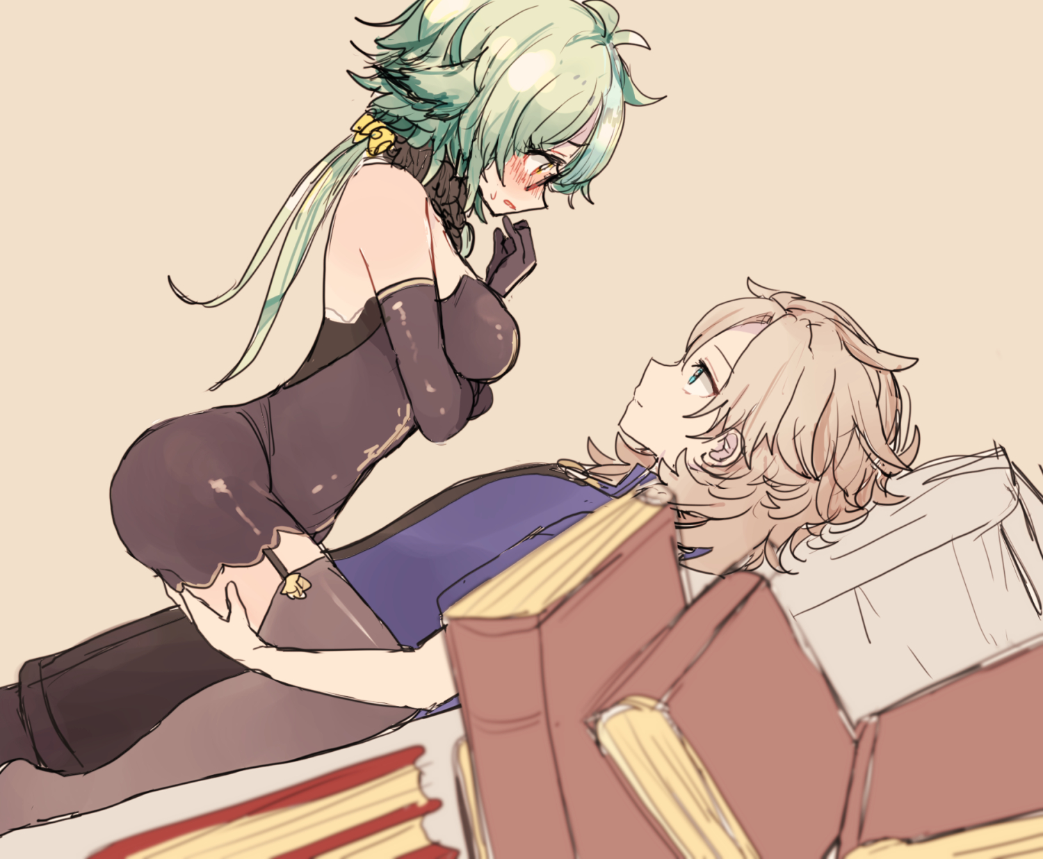 1boy, 1girls, albedo (genshin impact), ass, blonde hair, blue eyes, blush, breasts, female, genshin impact, green hair, lingerie, lovealchemists, male, sucrose (genshin impact), thick thighs, thighhighs, thighs, yellow eyes