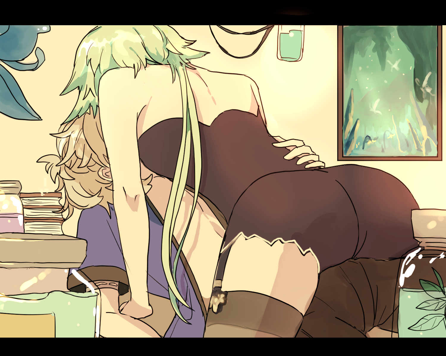 1boy, 1girls, albedo (genshin impact), androgynous, animal ears, ass, blonde hair, female, genshin impact, green eyes, kissing, lingerie, lovealchemists, male, pinned down, shirtless, sucrose (genshin impact), thick ass, thick thighs, thighhighs, thighs