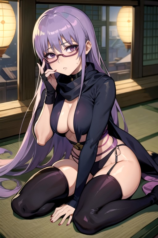 ai_generated alternate_costume black_legwear black_thighhighs cleavage female female_only full_body garter_straps gintama glasses hiradegirl kunoichi looking_at_viewer medium_breasts ninja no_bra purple_eyes purple_hair revealing_clothes sarutobi_ayame scarf sitting solo thick_thighs thighhighs very_long_hair zettai_ryouiki