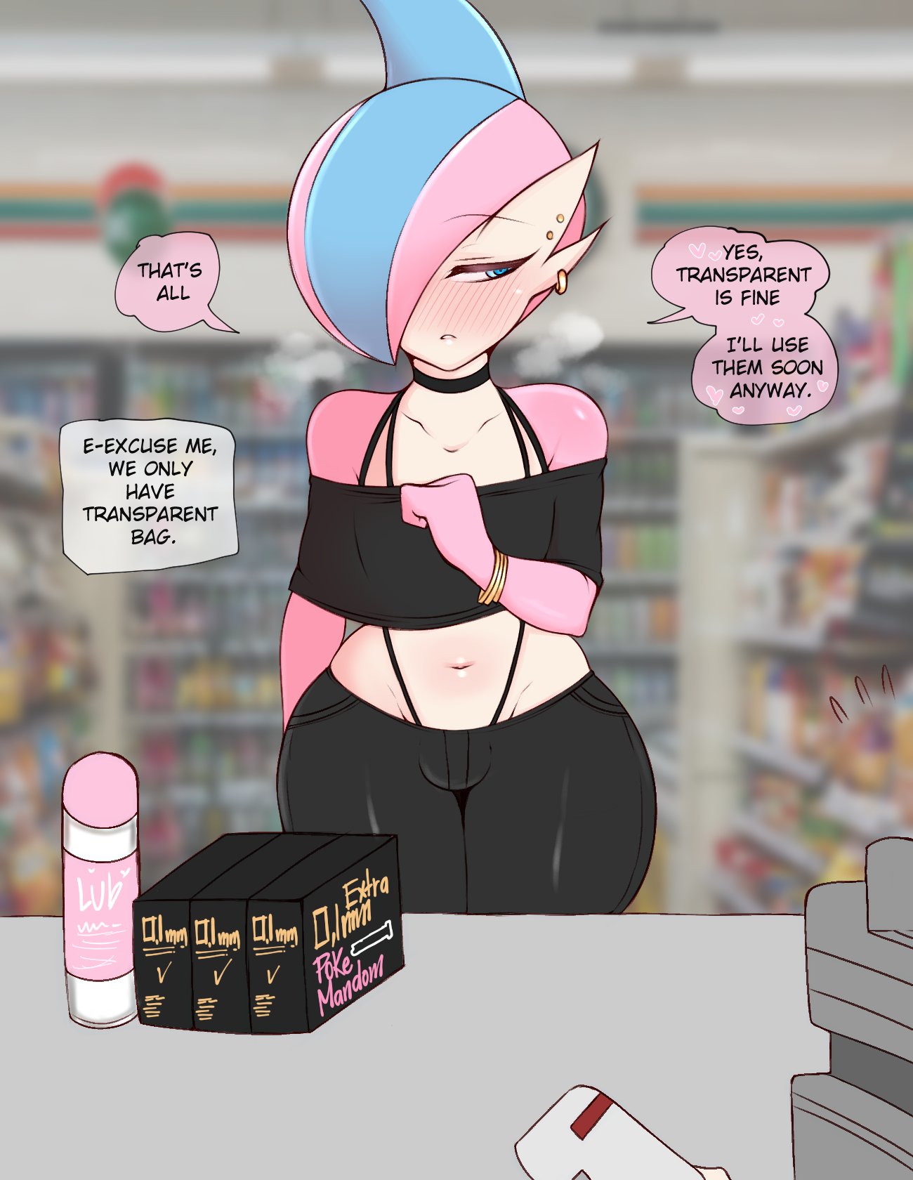 1boy, belly, belly button, blue eyes, blue hair, bulge, crop top, dialogue, english text, femboy, fully clothed, gallade, girly, heart, hearts, heavy breathing, humiliation, jeans, light skin, light-skinned male, male, male only, pale skin, pale-skinned male, pink hair, pokémon (species), pokemon, pokemon (species), saltyxodium, solo, solo male, speech bubble, text, two-tone hair, white body, white skin
