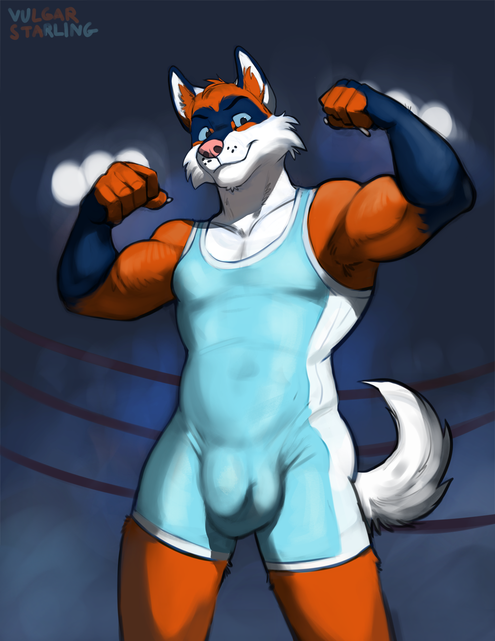 1boy 5_fingers abs anthro balls_outline biceps big_bulge blue_sclera bulge canid canine canis claws clothed clothing domestic_dog fighting_ring finger_claws fingers flexing fur genital_outline hi_res husky looking_at_viewer low-angle_view male male_only mammal muscular muscular_anthro muscular_male nordic_sled_dog orange_body orange_fur pecs penis_outline pose smile solo spitz vulgarstarling whisker_spots white_body white_fur wrestling_singlet