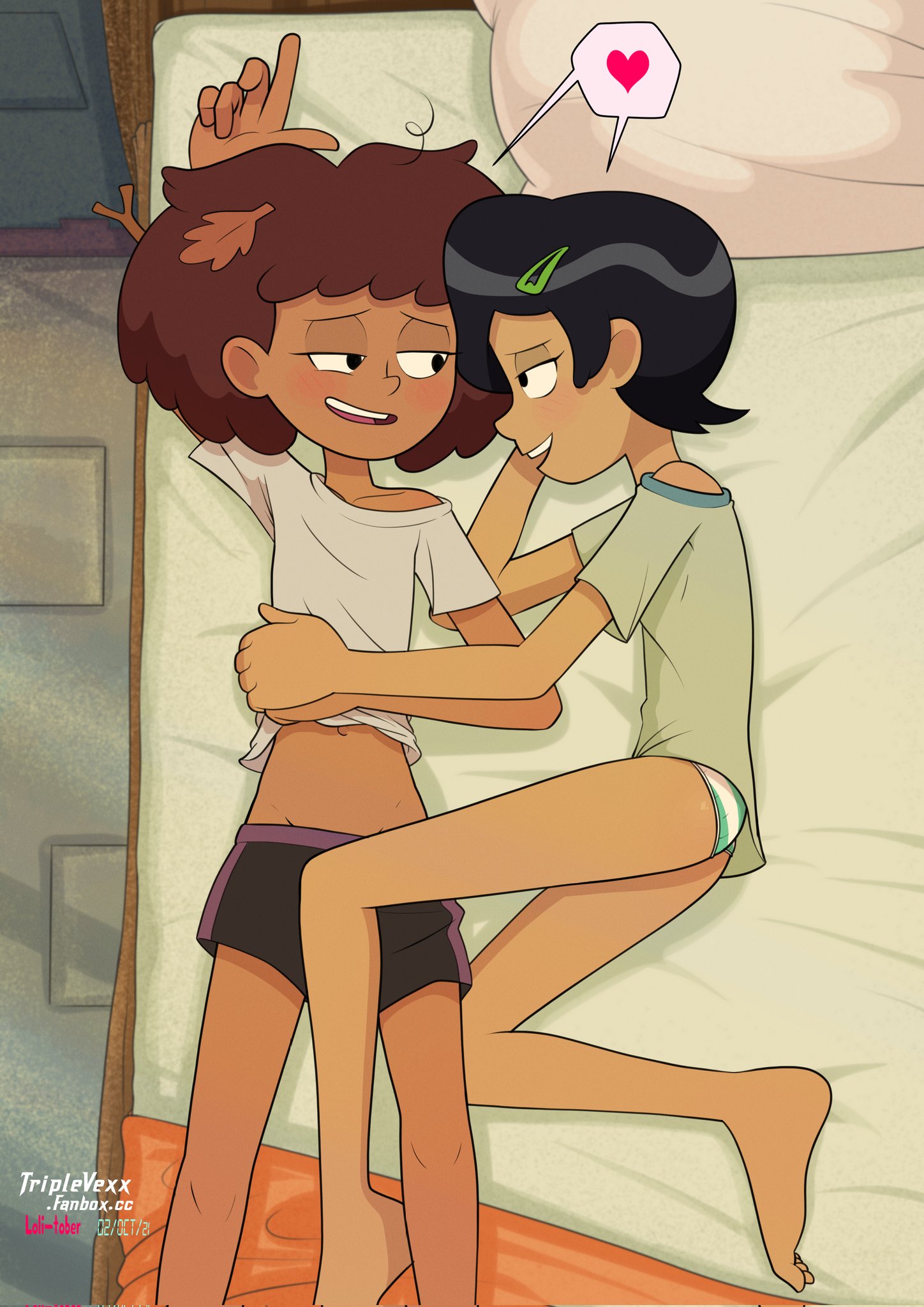 2girls, amphibia, anne boonchuy, barefoot, belly button, clothing, cute, dark skin, dark-skinned female, disney, disney channel, feet, female, female only, hair pin, heart shape, holding hands, laying on bed, leg on thigh, light skin, light-skinned female, marcy wu, pajamas, panties, short black hair, short brown hair, signature, sleepover, straight hair, toes, top down view, triplevexx, underwear, white bed sheet, wholesome, yuri