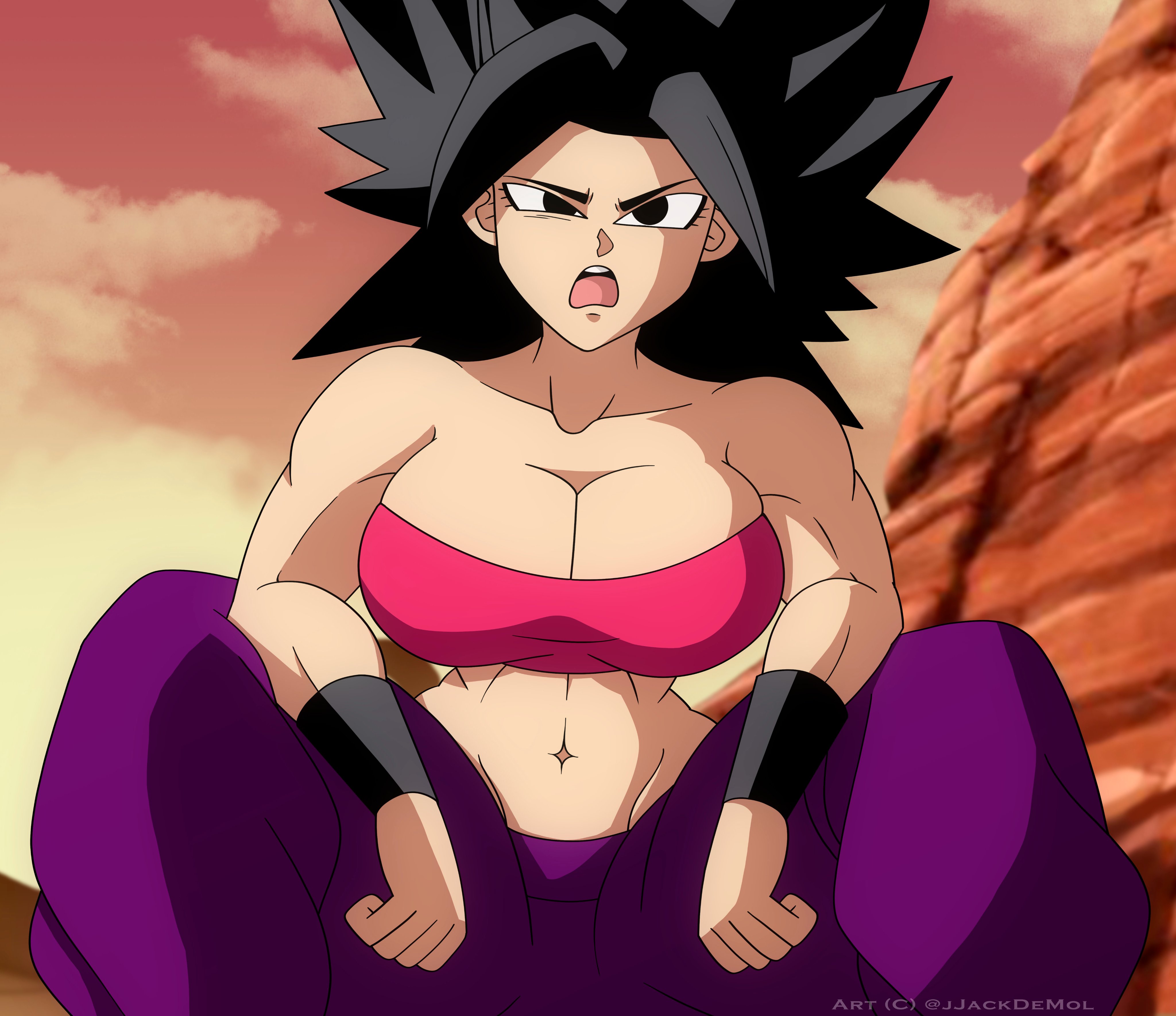 1girls, alien, alien girl, armlet, athletic, athletic female, big breasts, big hair, black eyes, black hair, blindstash, bracer, bracers, breasts, canonical scene, caulifla, cleavage, clothed, clothing, dragon ball, dragon ball super, female, female focus, female only, midriff, muscular, muscular female, navel, open mouth, redraw, saiyan, sky, solo, solo female, solo focus, spiky hair, squatting, toned, toned female, tubetop, wide hips