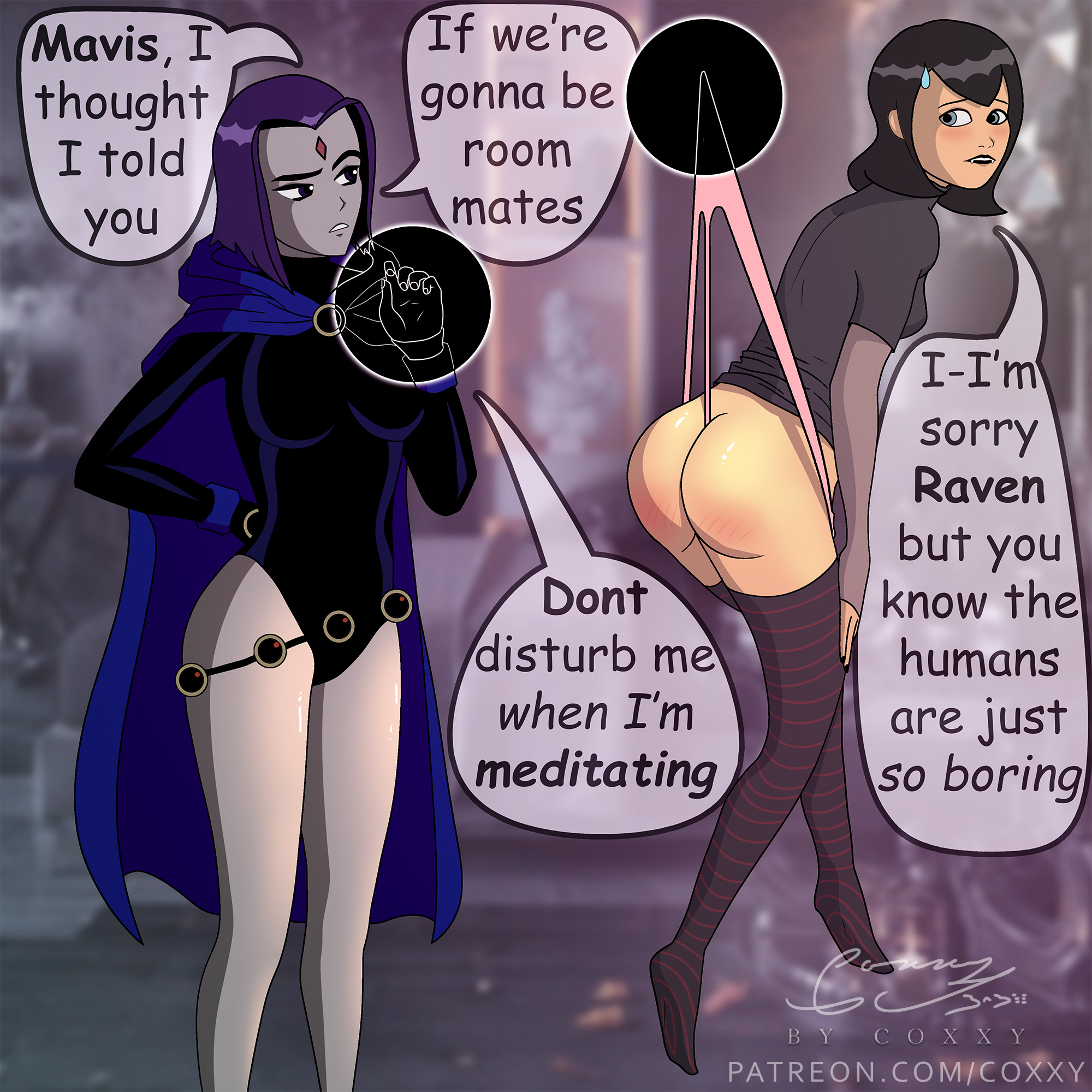 coxxy, crossover, dc, dc comics, female, hotel transylvania, mavis dracula, rachel roth, raven (dc), tagme, teen titans, wedgie