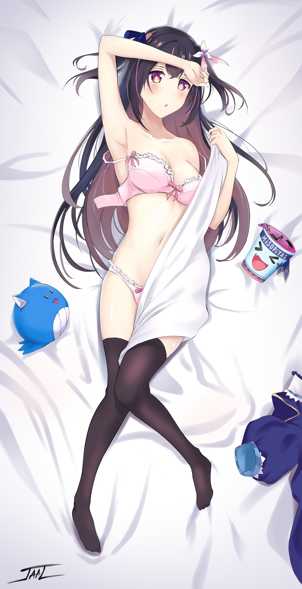 1girls 2021 armpits ballena-chan belly_button blanket blush blushing blushing_at_viewer collarbone crossed_legs dakimakura female female_focus female_only hair_ornament hand_on_head hina_misora jaal legs_together light-skinned_female light_skin long_hair looking_at_viewer looking_to_the_side misopita pale-skinned_female pale_skin pink_bra pink_hair pink_panties purple_eyes purple_hair skinny star_shaped_pupils stockings underwear very_long_hair virtual_youtuber wactor wactor_es wactor_production white_background