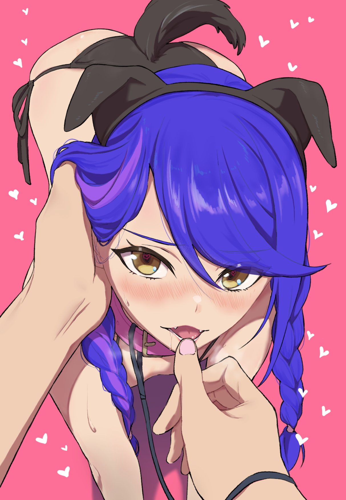 1boy aikatsu!_(series) aikatsu_stars! all_fours animal_ears bangs belt_collar bikini bikini_bottom black_bikini black_hairband blue_hair blush braid caress collar dog_ears dog_tail eyebrows_visible_through_hair fake_animal_ears fake_tail fangs female from_above gradient gradient_background hair_between_eyes hairband hand_on_another's_chin hand_on_another's_head heart heart-shaped_pupils heavy_breathing highres kisaragi_tsubasa leash long_hair looking_at_viewer low_twin_braids low_twintails lower_teeth male_hand mouth_pull open_mouth orange_eyes osame pet_play petplay pink_background pink_collar pov side-tie_bikini swept_bangs swimsuit symbol-shaped_pupils tail tongue tsurime twin_braids twintails upturned_eyes