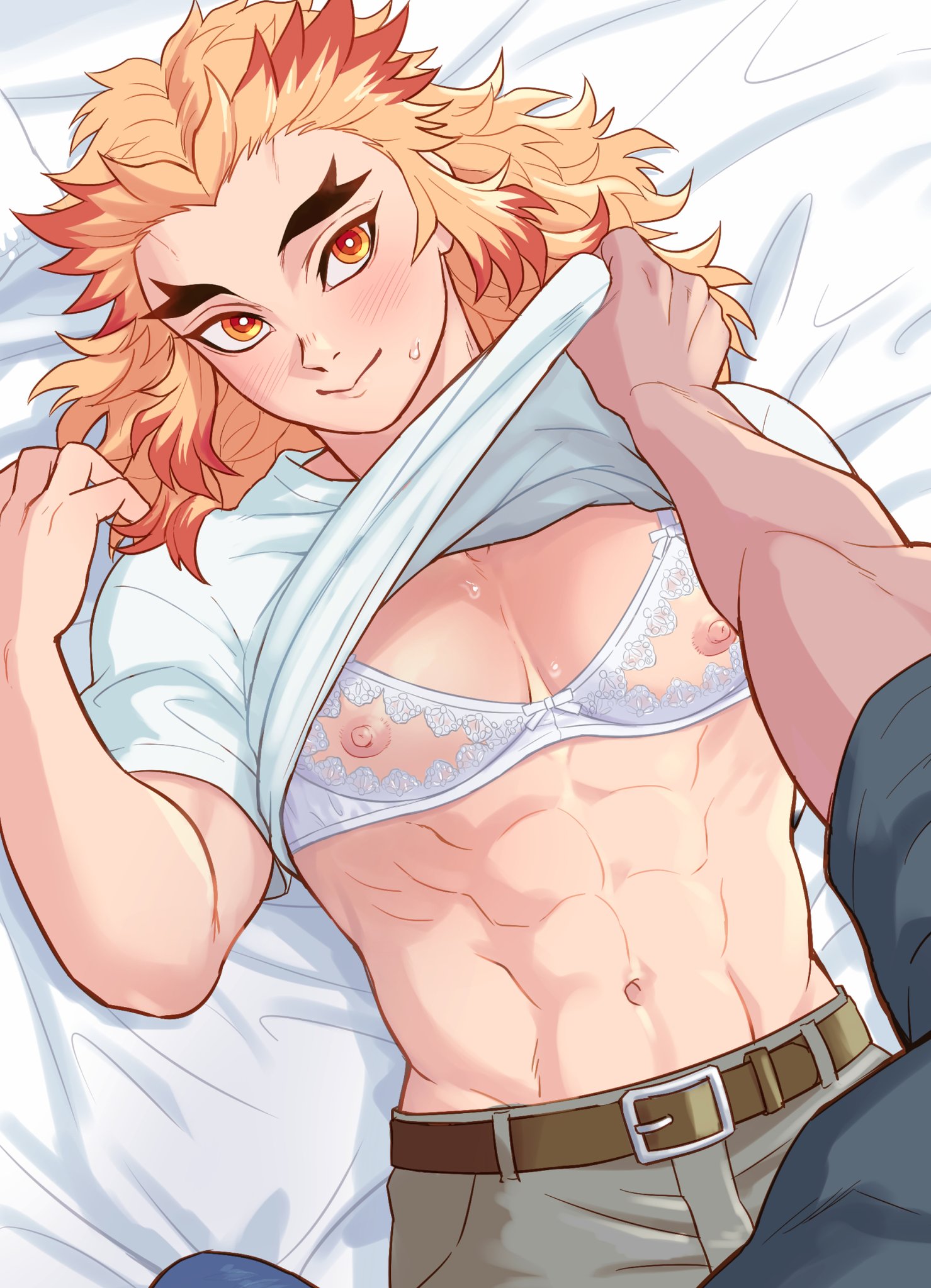 2boys, abs, ambush (trap), blonde hair, blush, bra, crossdressing, cupless bra, demon slayer, kimetsu no yaiba, male, male only, marotoskin, muscular, muscular male, nipples, on back, on bed, pecs, rengoku kyoujurou, shirt lift, smile, solo focus, sweatdrop, thick eyebrows, two-tone hair, white bra