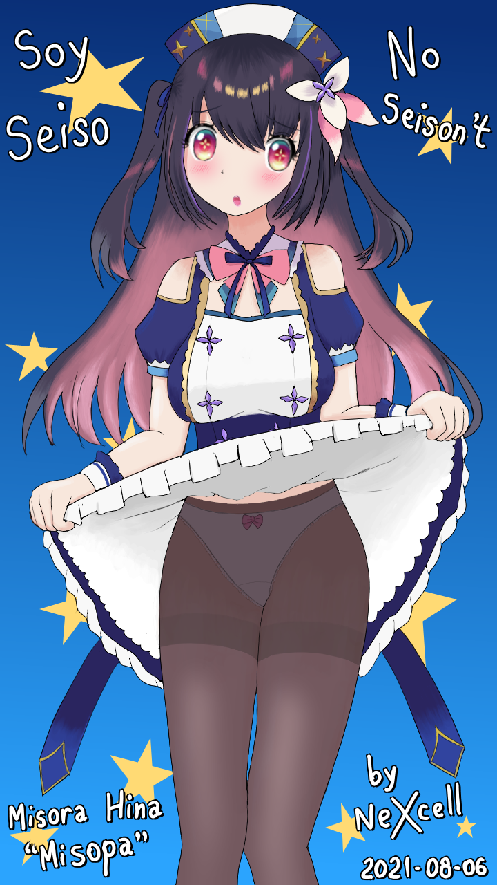 1girls alternate_version_at_source alternate_version_available bare_shoulders big_breasts blue_background blue_eyes blush blushing_at_viewer bracelet breasts dress dress_lift eyebrows_visible_through_hair female female_focus female_only hair_ornament hat hina_misora lifted_by_self light-skinned_female light_skin long_hair long_legs looking_at_viewer looking_away multicolored_eyes nexcellpride open_mouth pale-skinned_female pale_skin panties pantyhose pink_hair purple_hair red_eyes ribbon spanish_text star star_shaped_pupils stars very_long_hair virtual_youtuber wactor wactor_es wactor_production white_panties yellow_eyes