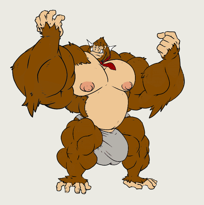 after_transformation anthro ape big_muscles bottomwear brown_body brown_fur bulge clothed clothing fur genital_outline haplorhine huge_muscles hyper hyper_muscles male male/male mammal monkey monkey_boy monkey_feet muscular muscular_male necktie nipples penis_outline prehensile_feet primate rackun solo tight_clothing tight_underwear topwear transformation tusks underwear