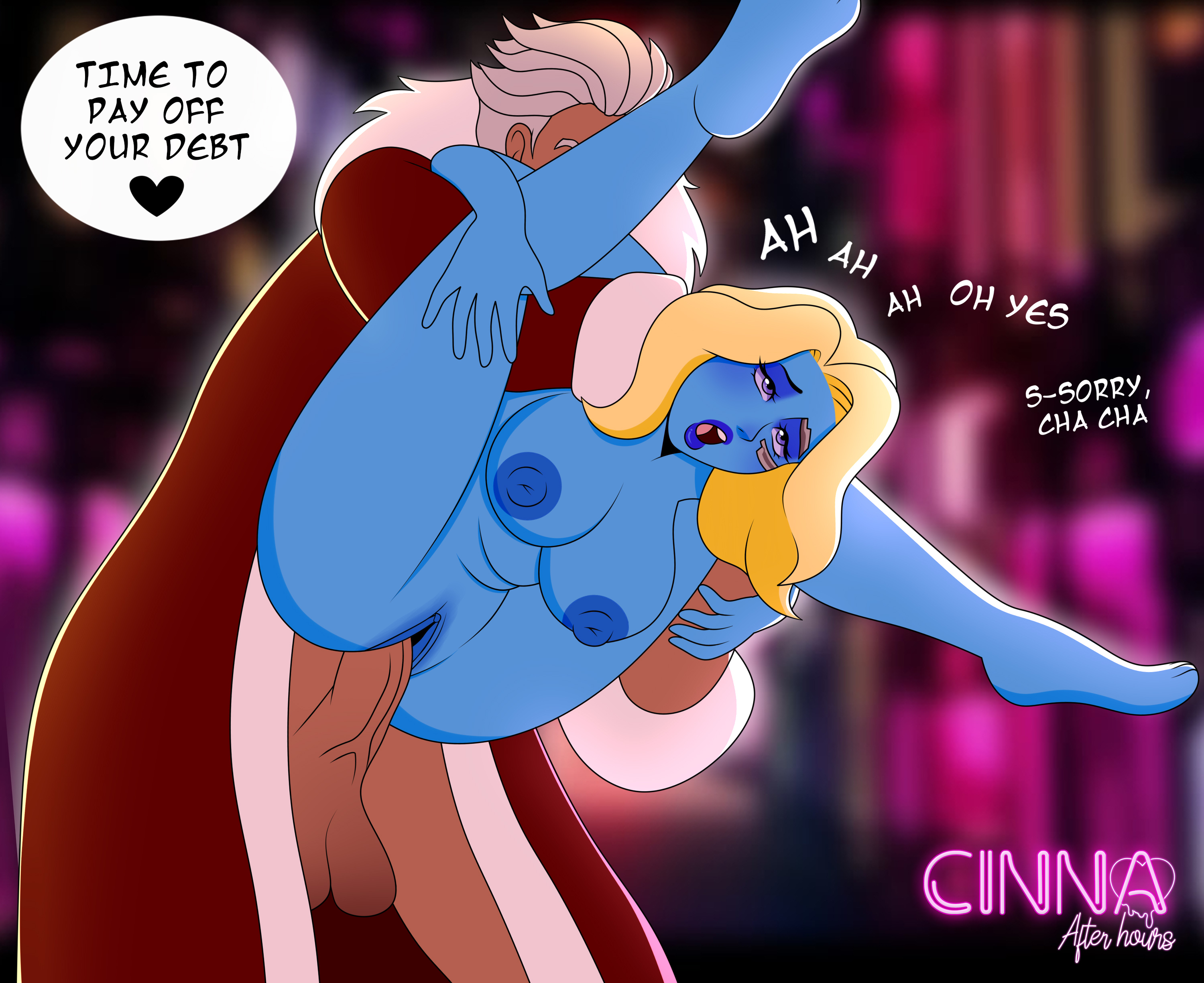 1boy, 1girls, absurd res, artist name, ass, balls, big breasts, blonde hair, blue skin, blue-skinned female, breasts, cinnaafterhours, disney+, erection, faceless male, female, femsub, full nelson, guardians of the galaxy, hi res, interspecies, light skin, light-skinned female, light-skinned male, male, maledom, marvel, marvel cinematic universe, marvel comics, nebula (marvel), penis, pussy, speech bubble, spoken heart, straight, the collector (marvel), vaginal, vaginal sex, what if...?, wide hips