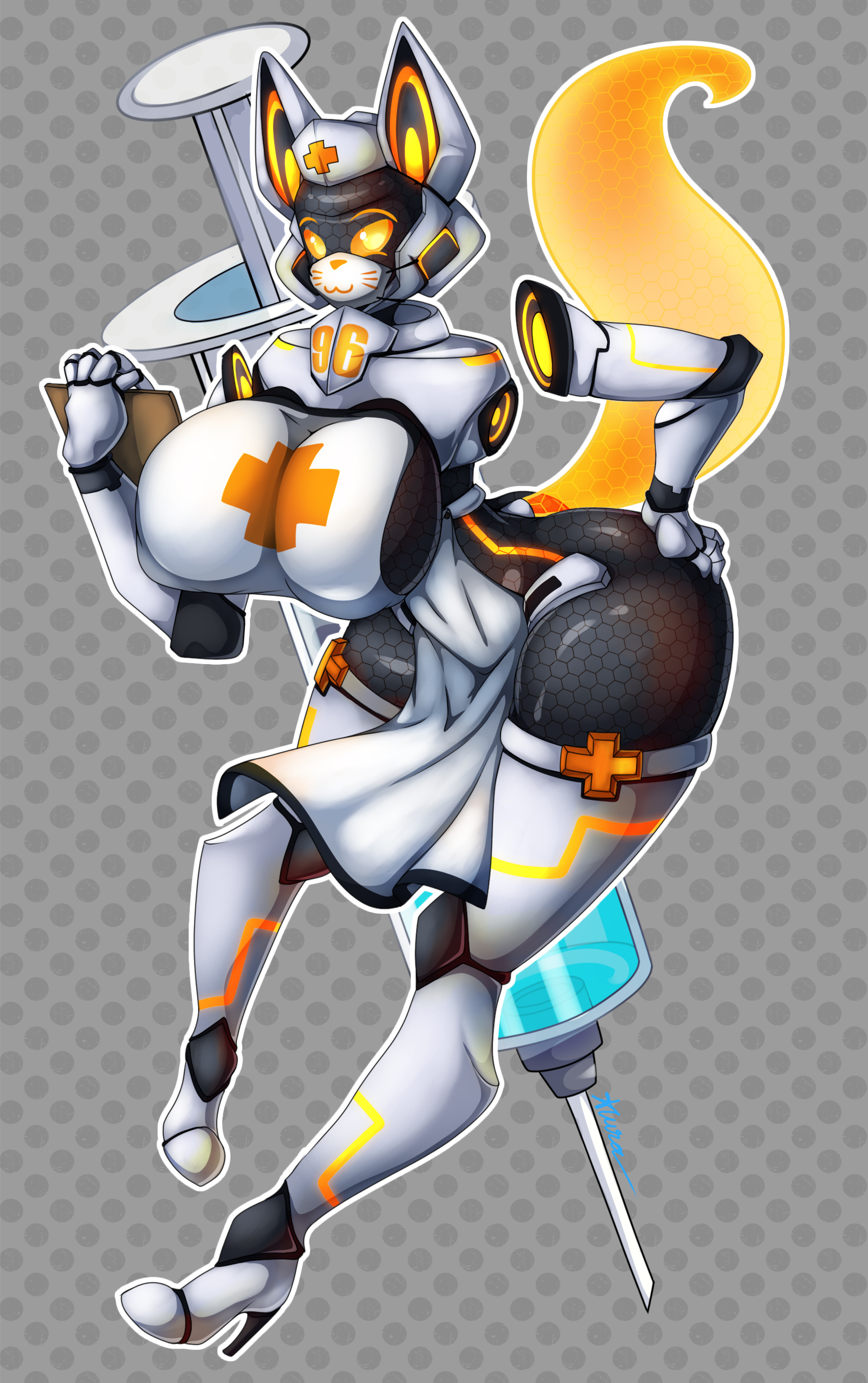 absurd res, android, animal humanoid, armor, azura inalis, big breasts, breasts, canid, canid humanoid, canine, canine humanoid, cybernetics, digital media (artwork), female, fox humanoid, hi res, humanoid, joints, kitsumy (azura inalis), machine, mammal, mammal humanoid, medical, robot, solo, syringe