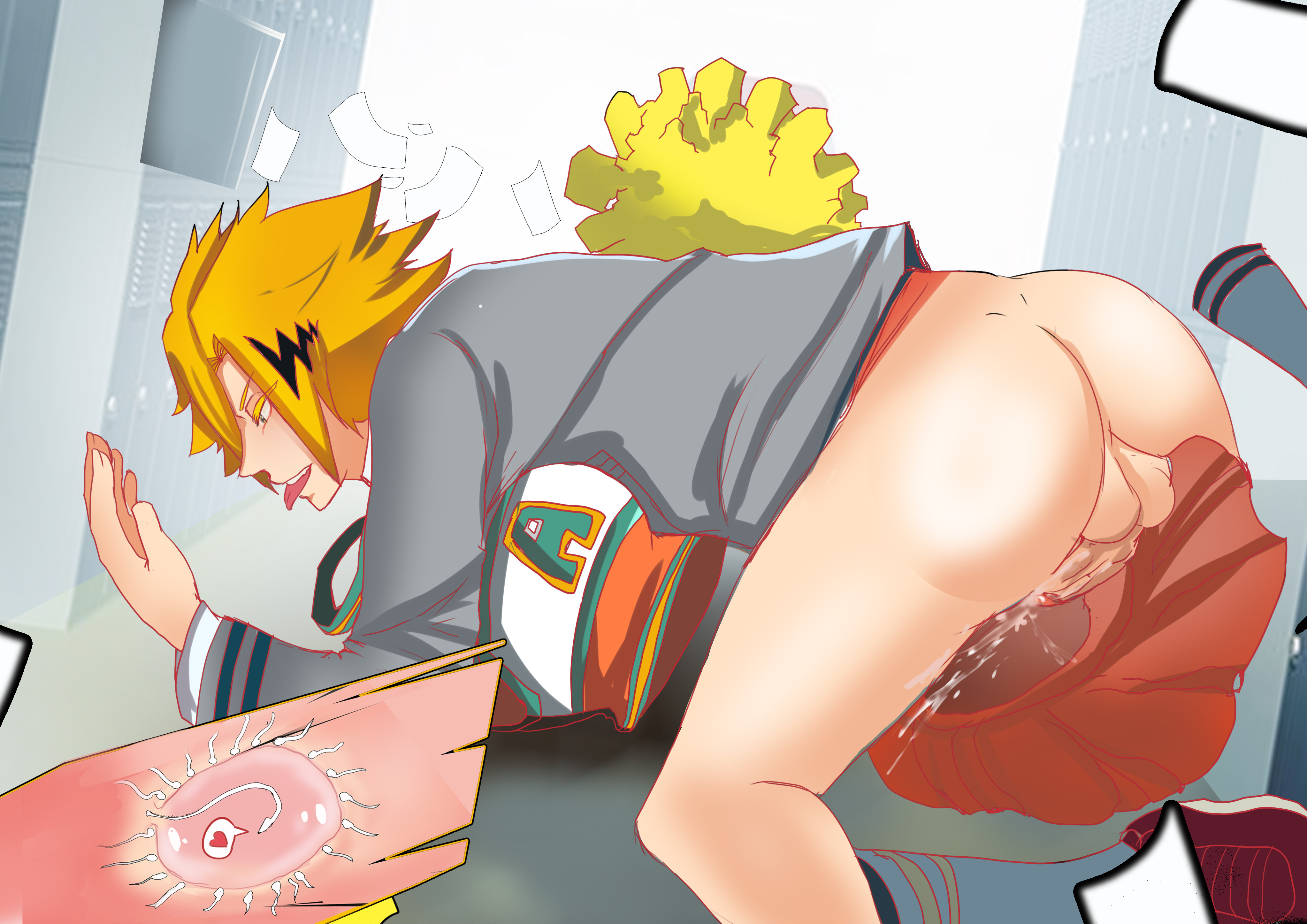 1boy, 1girls, backsack, balls, ballsack, bottomless male, breasts, cheerleader, cheerleader uniform, cum, cum in pussy, cum inside, denki kaminari, female, hagakure tooru (invisible), high socks, impregnation, kaminari denki, kido, kissing, kissing while penetrated, large breasts, locker room, male, male orgasm, my hero academia, ovum, pom poms, pussy, red shoes, school uniform, sex, skirt, sperm cell, tank top, tooru hagakure, tooru hagakure (invisible), vaginal penetration, yellow hair