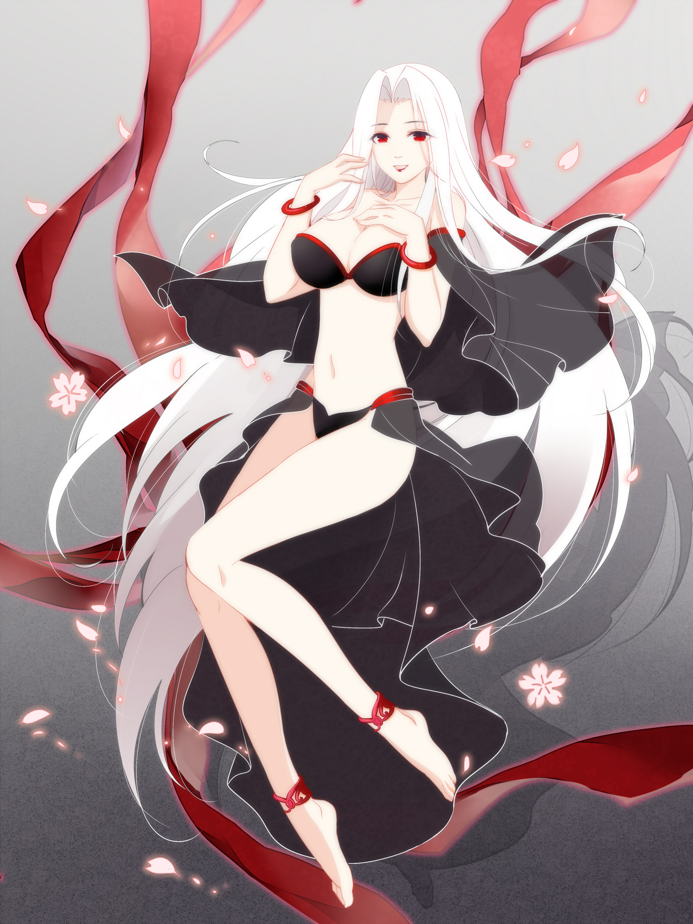 angra mainyu (fate), ankle cuffs, anklet, barefoot, belly, big breasts, black bra, black panties, bra, bracelet, breasts, corruption, curvy, fate (series), fate/zero, female, floating, irisviel von einzbern, large breasts, long hair, navel, panties, possessed, possession, red eyes, smile, smiling at viewer, thighs, white hair, yuehua