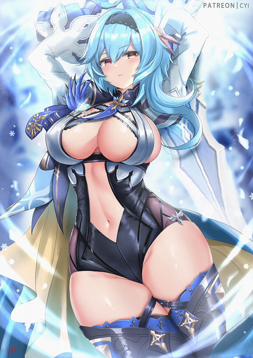 1girls belly_button big_breasts blue_hair boob_window cleavage curvy curvy_figure cyi cyicheng eula_(genshin_impact) female female_only genshin_impact large_breasts solo solo_female thick thick_thighs voluptuous