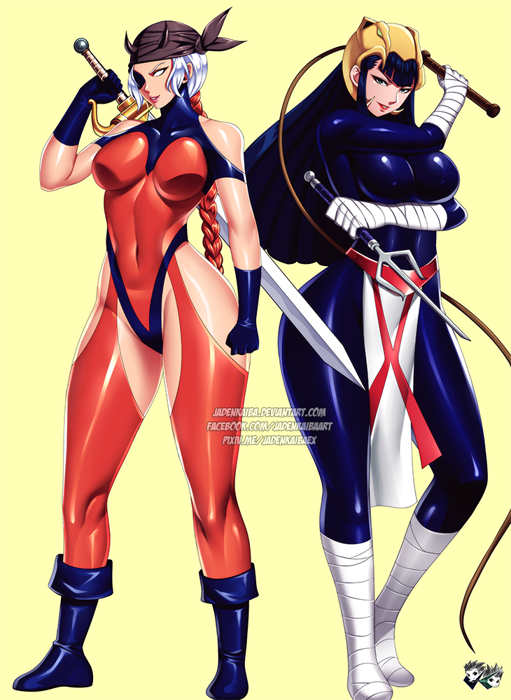 2girls amalgam_comics antiheroine catsai crossover dare_the_terminator daredevil dc_comics deathstroke elektra_kyle elektra_natchios female_only fusion jadenkaiba marvel marvel_comics ravager_(dc) rose_wilson slade_murdock tight_clothing