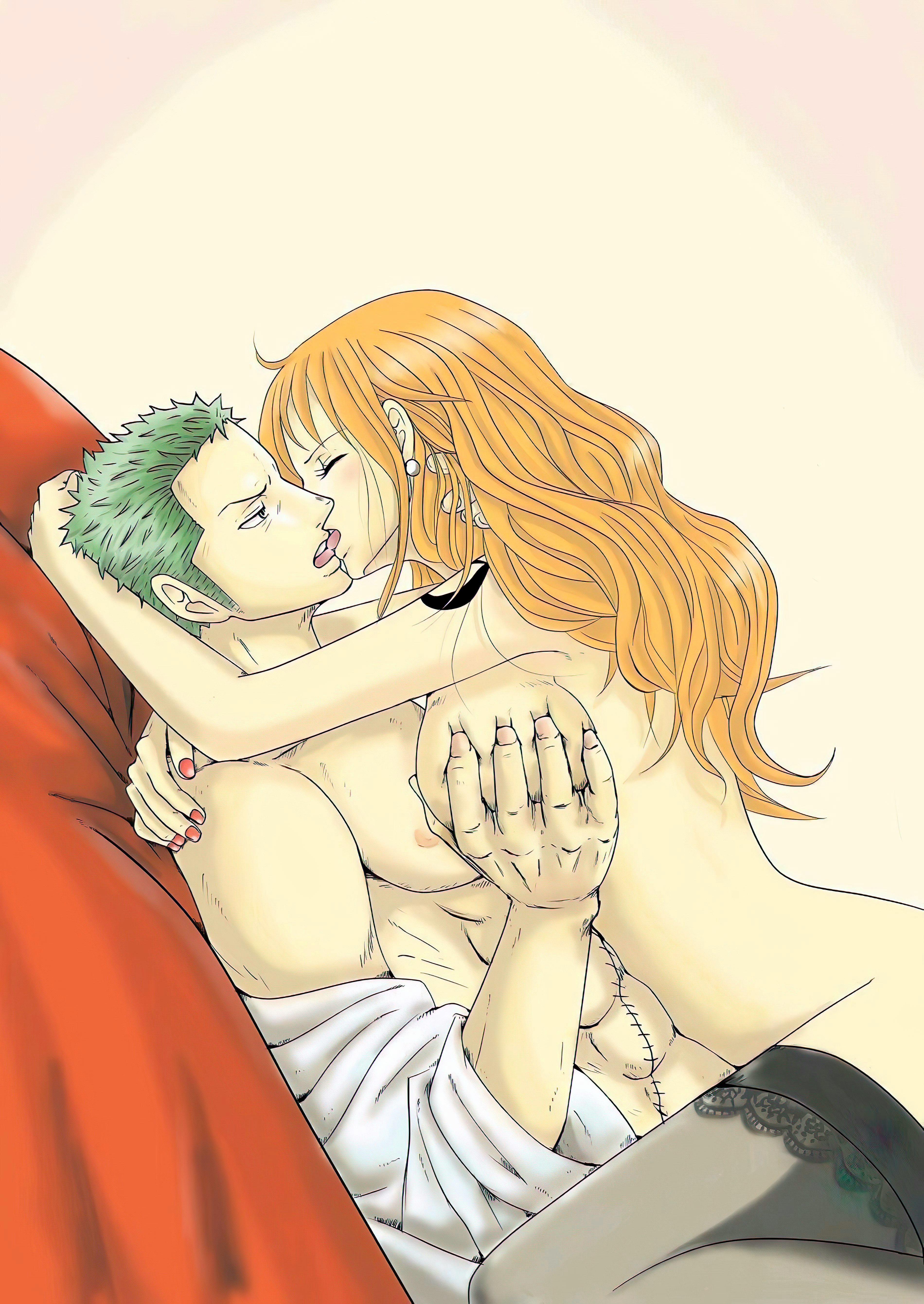 1boy, 1girls, abs, arm tattoo, arms around neck, big breasts, black tattoo, breast grab, breasts, closed eyes, couple, cowgirl position, curvy female, female, fit, fit female, green hair, green-haired male, hug, implied penetration, implied sex, kissing, kissing while penetrated, lingerie, long hair, male, muscular, muscular male, nail polish, naked thighhighs, nami (one piece), nipples, nude, one piece, orange hair, orange-haired female, pussy, roronoa zoro, scar, sex, short hair, straddling, tattoo, thighhighs, vaginal penetration