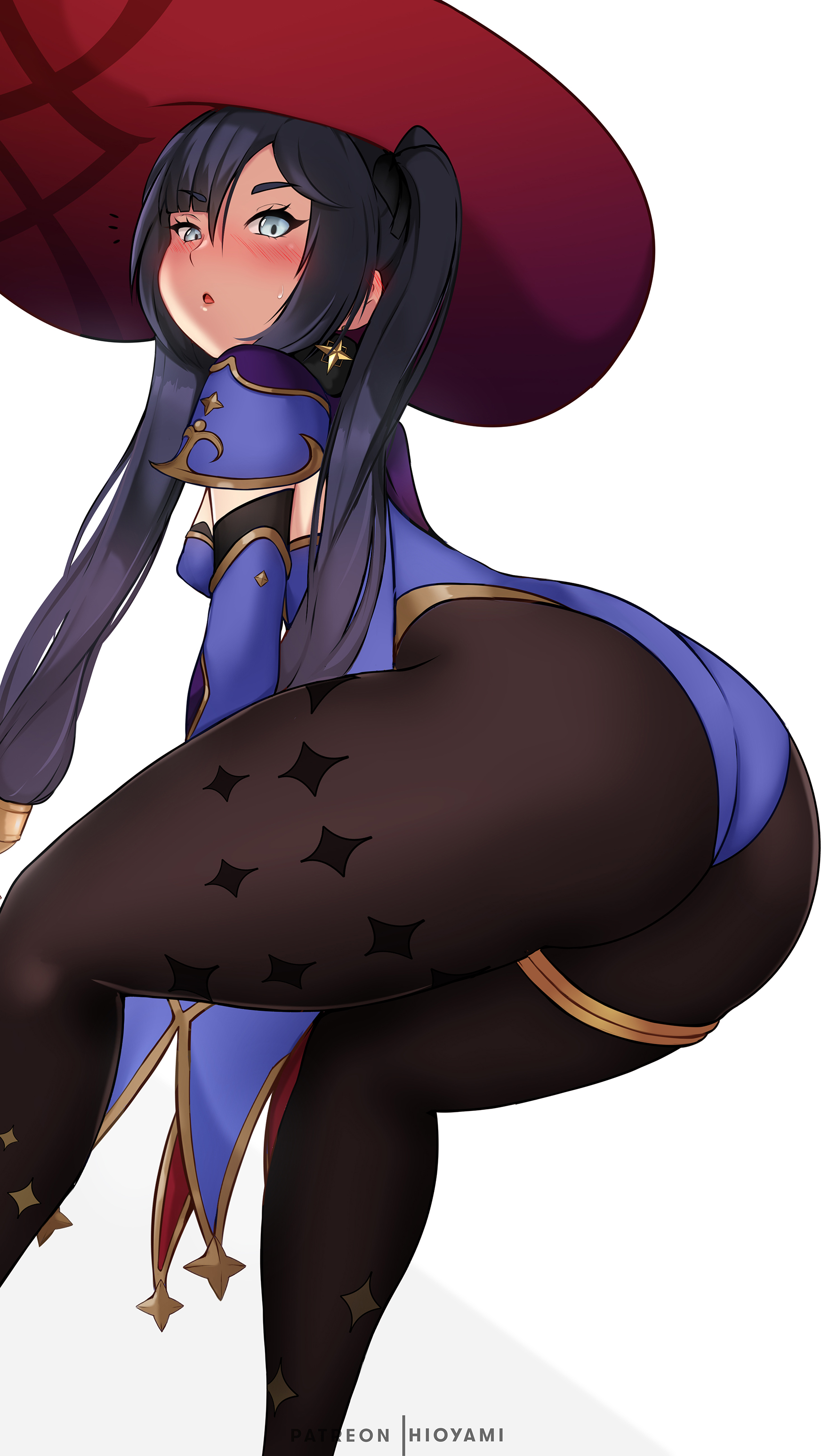 1girls, ass, big ass, big butt, blue eyes, blush, breasts, eye contact, female, genshin impact, hat, hioyami, leotard, long hair, looking at viewer, mona (genshin impact), pantyhose, purple hair, small breasts, solo, thick thighs, thighs, twintails, witch hat