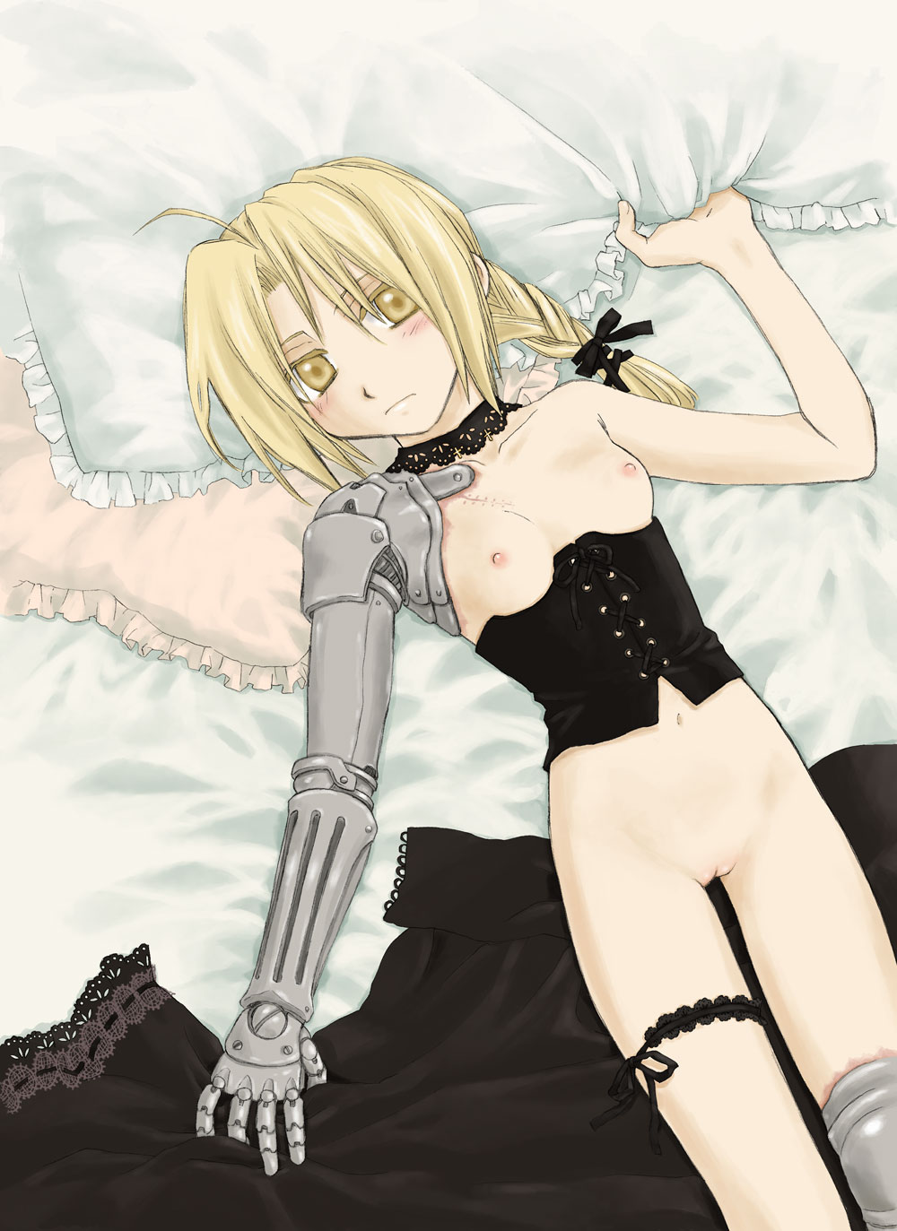 amputee automail bed beige_skin blonde_hair blush bottomless braid breasts choker closed_mouth clothes color edward_elric female female_only front_view frown fullmetal_alchemist garter garters genderswap hair highres human lying mechanical_arm mechanical_leg nipples on_back open_eyes pillow pussy rule_63 scar solo vulva yellow_eyes