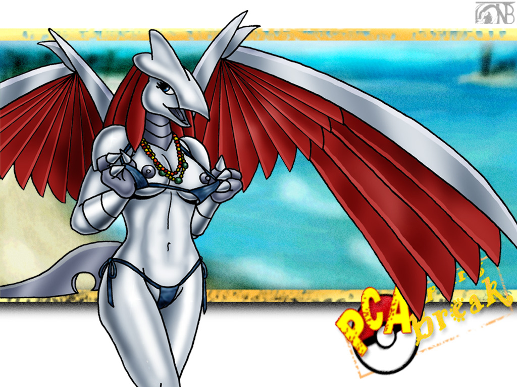 anthro bikini breasts carlito color female female_only front_view grey_skin nintendo nipples pokemon skarmory solo standing tagme