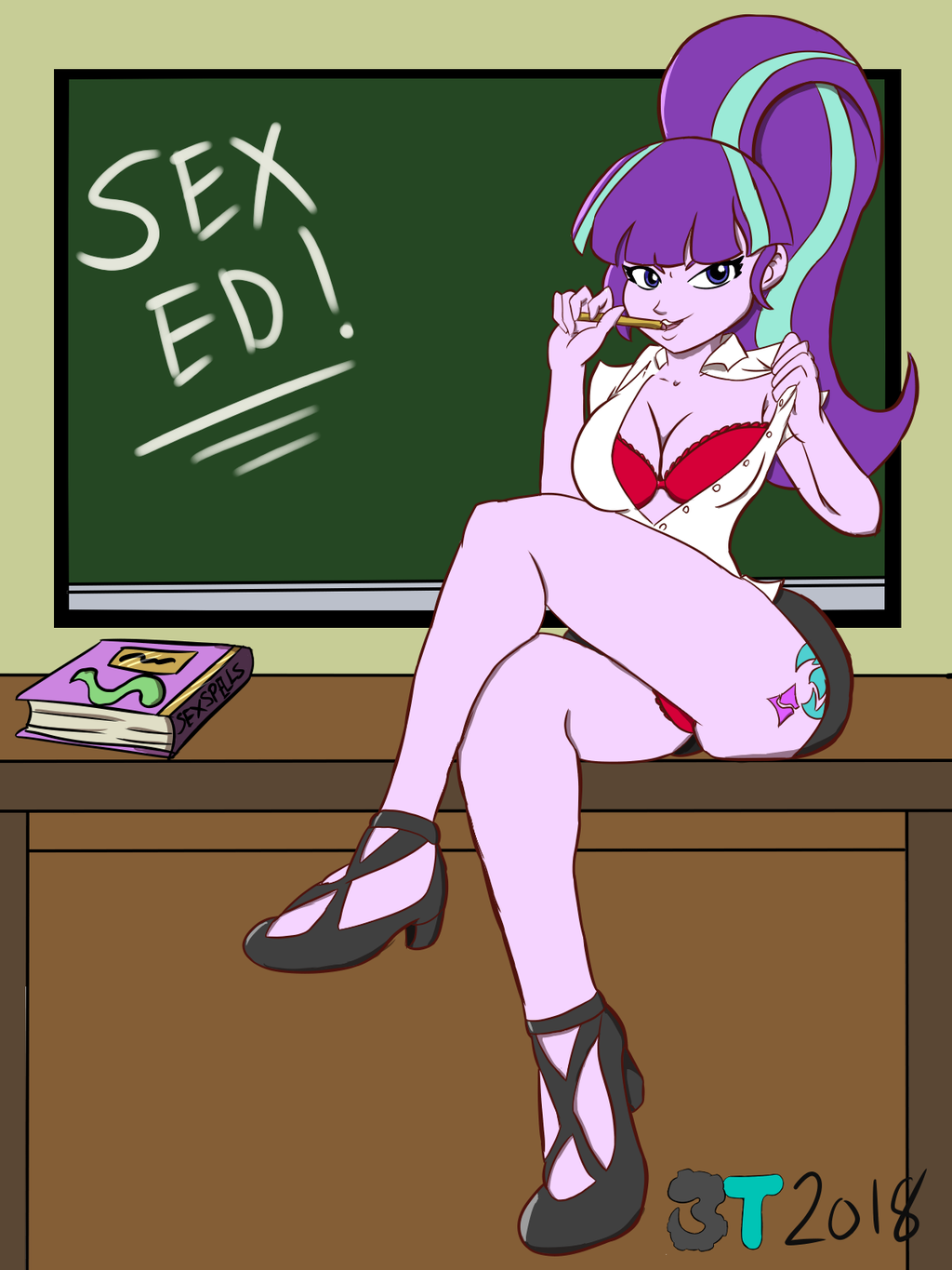 3d bra brokententacle female friendship_is_magic my_little_pony open_shirt picot_trim picot_trim_bra picot_trim_panties red_panties school_uniform solo starlight_glimmer upskirt