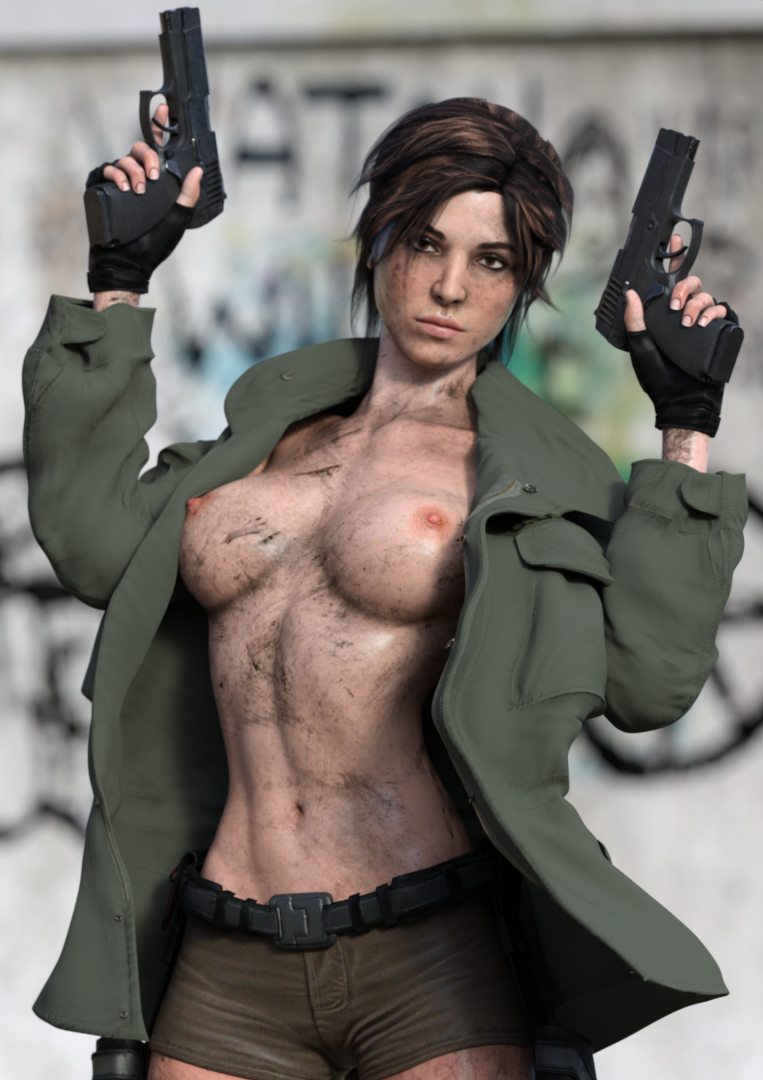 3d abs belly belt blurry_background breasts brown_hair daz_studio dirty evilmercenary female female_only fit_female guns handgun lara_croft lara_croft_(survivor) looking_at_viewer navel nipples no_eyewear nude partially_clothed solo tactical_nudity tagme tomb_raider tomb_raider_(survivor)