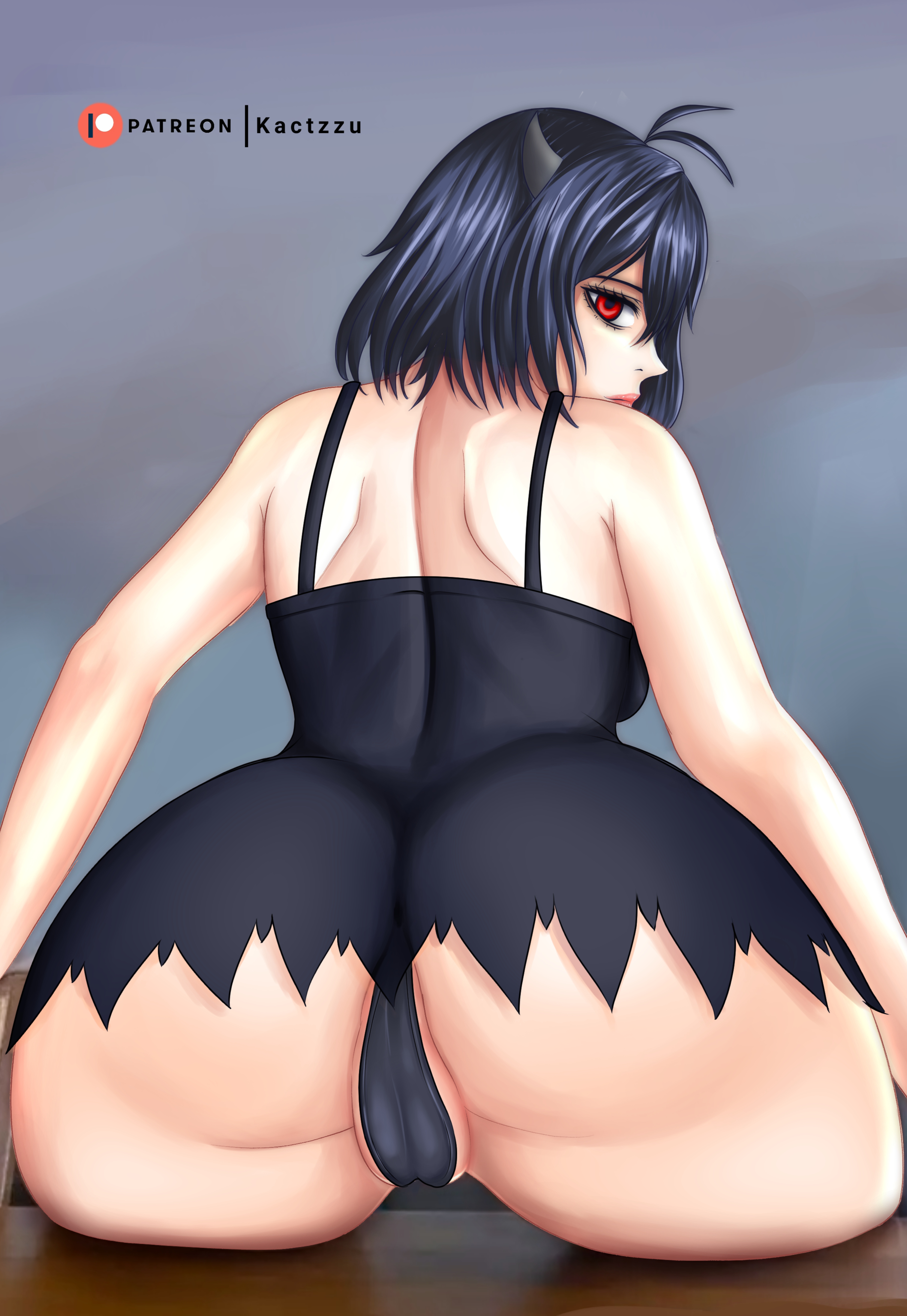 1girls, absurd res, ass, ass focus, big ass, big butt, black clover, female, high resolution, horns, kactzzu, large ass, lingerie, looking at viewer, looking back, red eyes, secre swallowtail, short hair, sitting, thick ass
