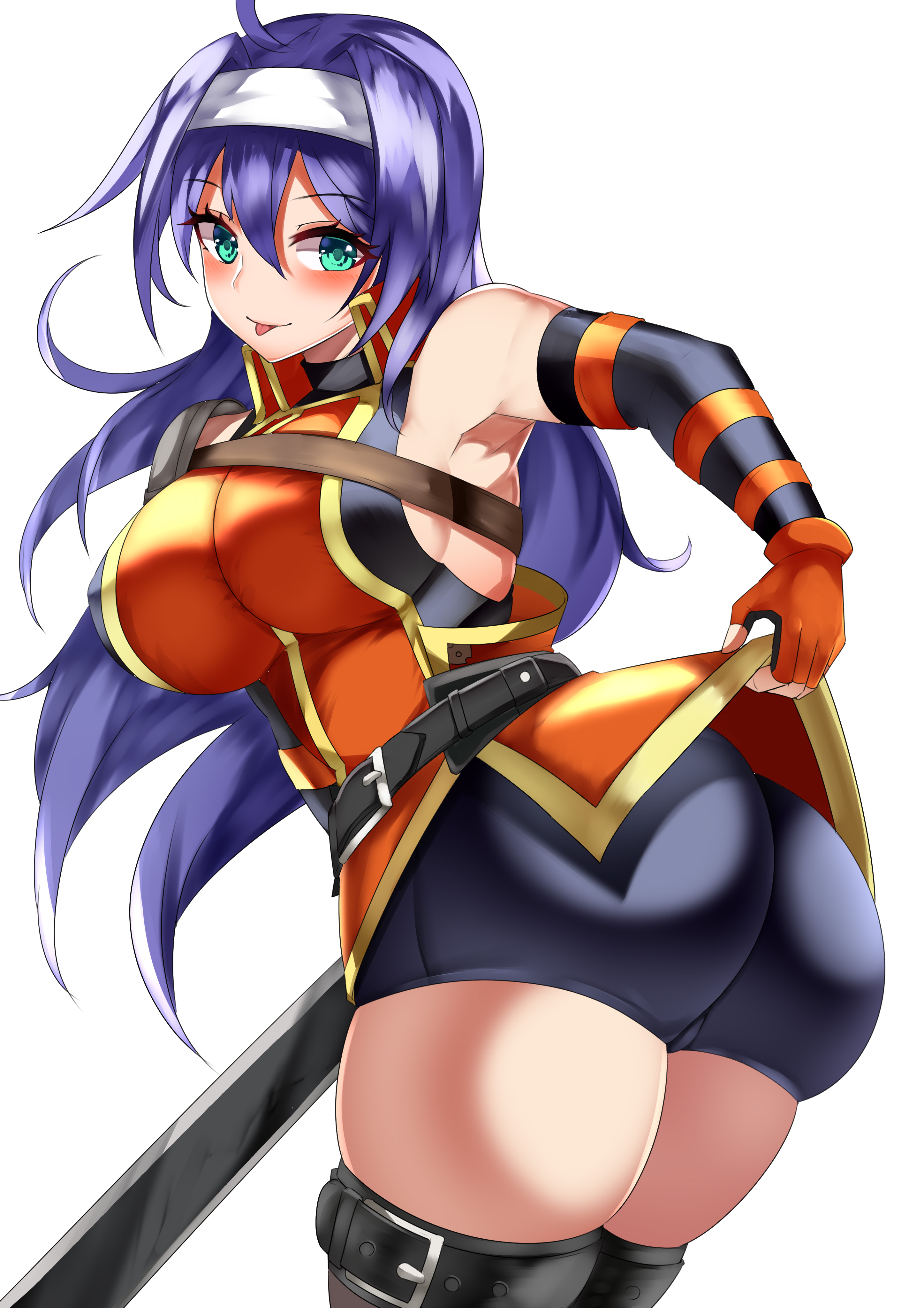 :p, 1girls, ahoge, armpits, ass, bare thighs, blush, breasts, clothes lift, female, fingerless gloves, fire emblem, fire emblem: path of radiance, fire emblem: radiant dawn, gloves, green eyes, hairband, large ass, large breasts, lifted by self, long hair, looking at viewer, mia (fire emblem), nintendo, pelvic curtain, presenting, presenting hindquarters, purple hair, shorts, sideboob, skindentation, solo, sticking out tongue, sword, tea texiamato, teasing, thick thighs, thighs, tongue, tongue out, upskirt, weapon, white background