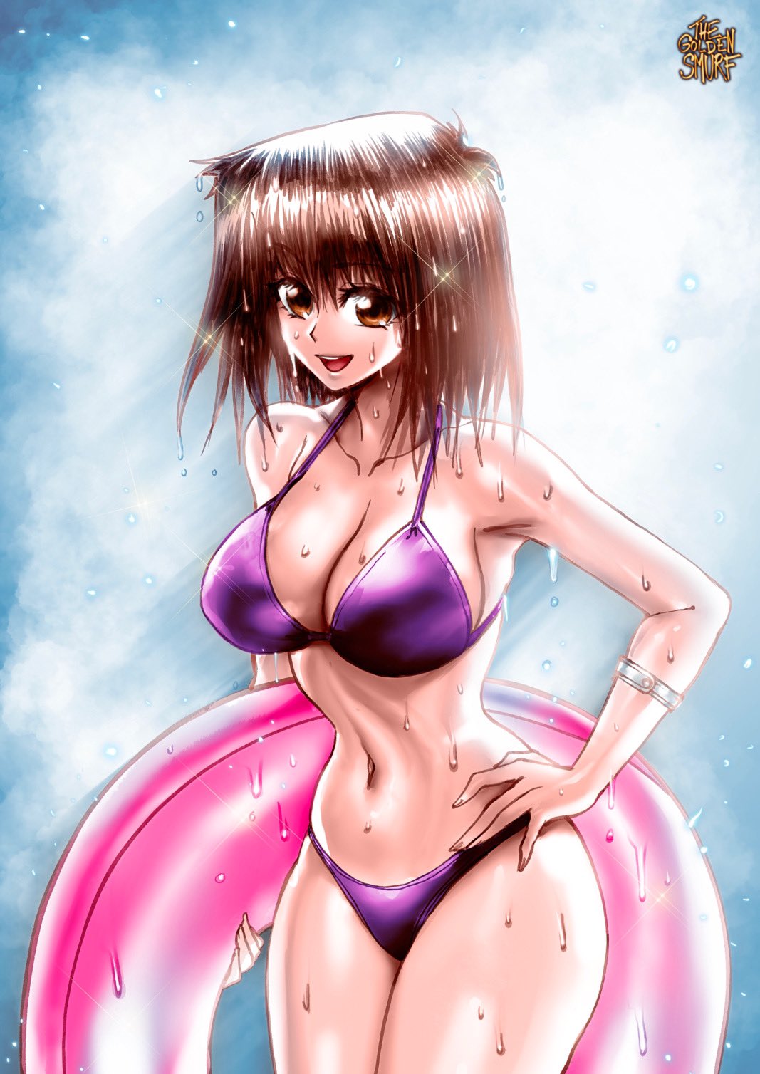 1girls bikini brown_eyes brown_hair female female_only hand_on_hip hi_res inflatable inflatable_toy looking_at_viewer medium_hair smile solo solo_female tea_gardner thegoldensmurf wet wet_body yu-gi-oh!