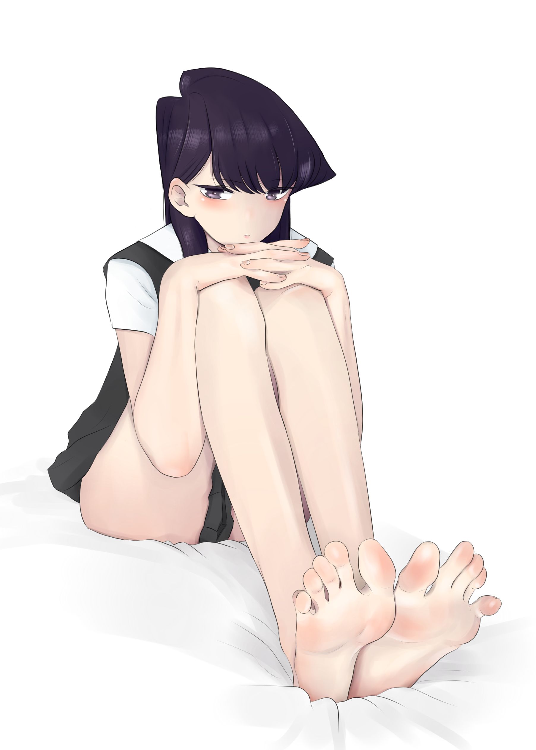 absurdres, barefoot, black hair, blush, feet, female, foot fetish, foot focus, highres, komi shouko, komi-san wa komyushou desu, long hair, presenting feet, purple eyes, shirow (mha03133), soles, solo, toes, white background