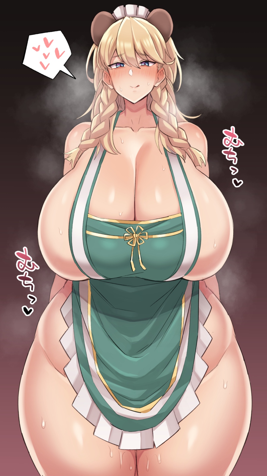 1girls, aba rano, apron, apron only, arms behind back, bear ears, belly, big breasts, blonde hair, blue eyes, blush, breasts, chubby, curvaceous, curvy, female, frigga (last origin), last origin, long hair, sideboob, stench, sweaty body, thick thighs, twintails, voluptuous, wide hips