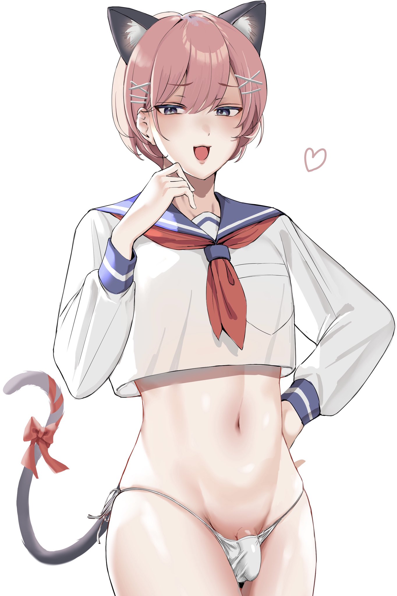 1boy, bulge, cat boy, cat ears, catboy, cattle, crossdressing, crossdressing male, femboy, g-string, lemontea4311, male, male only, penis, pink hair, school uniform, short hair, simple background, small penis, solo, solo male, tagme, thighhighs, trap