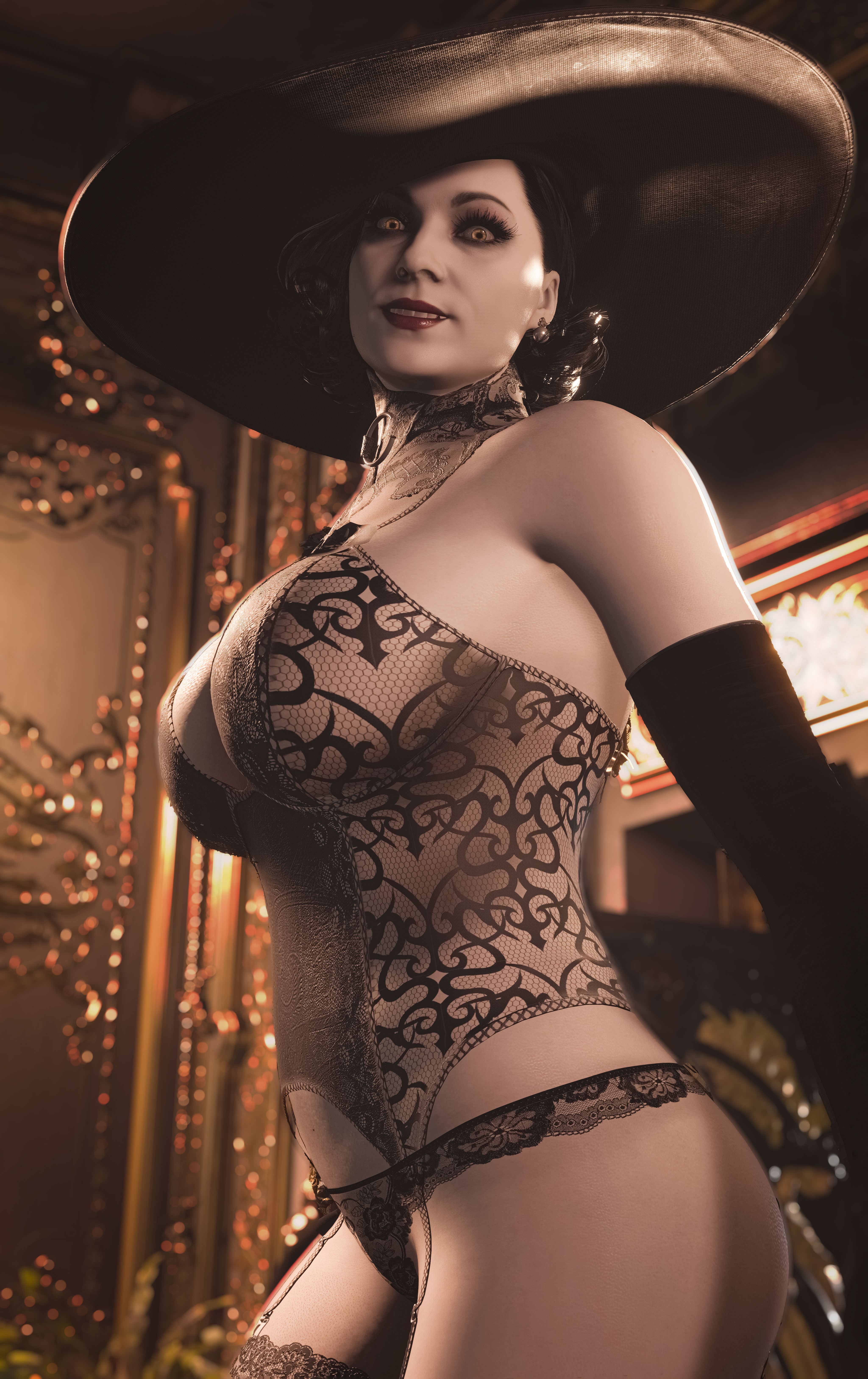 1girls, 3d, 3d (artwork), alcina dimitrescu, ass, big breasts, black panties, black thong, black underwear, breasts, capcom, eye contact, female, goldy 3d, half naked, half-dressed, hat, lace panties, lace thong, lace trimmed thong, lace-trimmed panties, legs, lingerie, panties, pose, pussy, red lipstick, resident evil, resident evil 8: village, solo, thong, thong panties, thong underwear, underwear, vampire