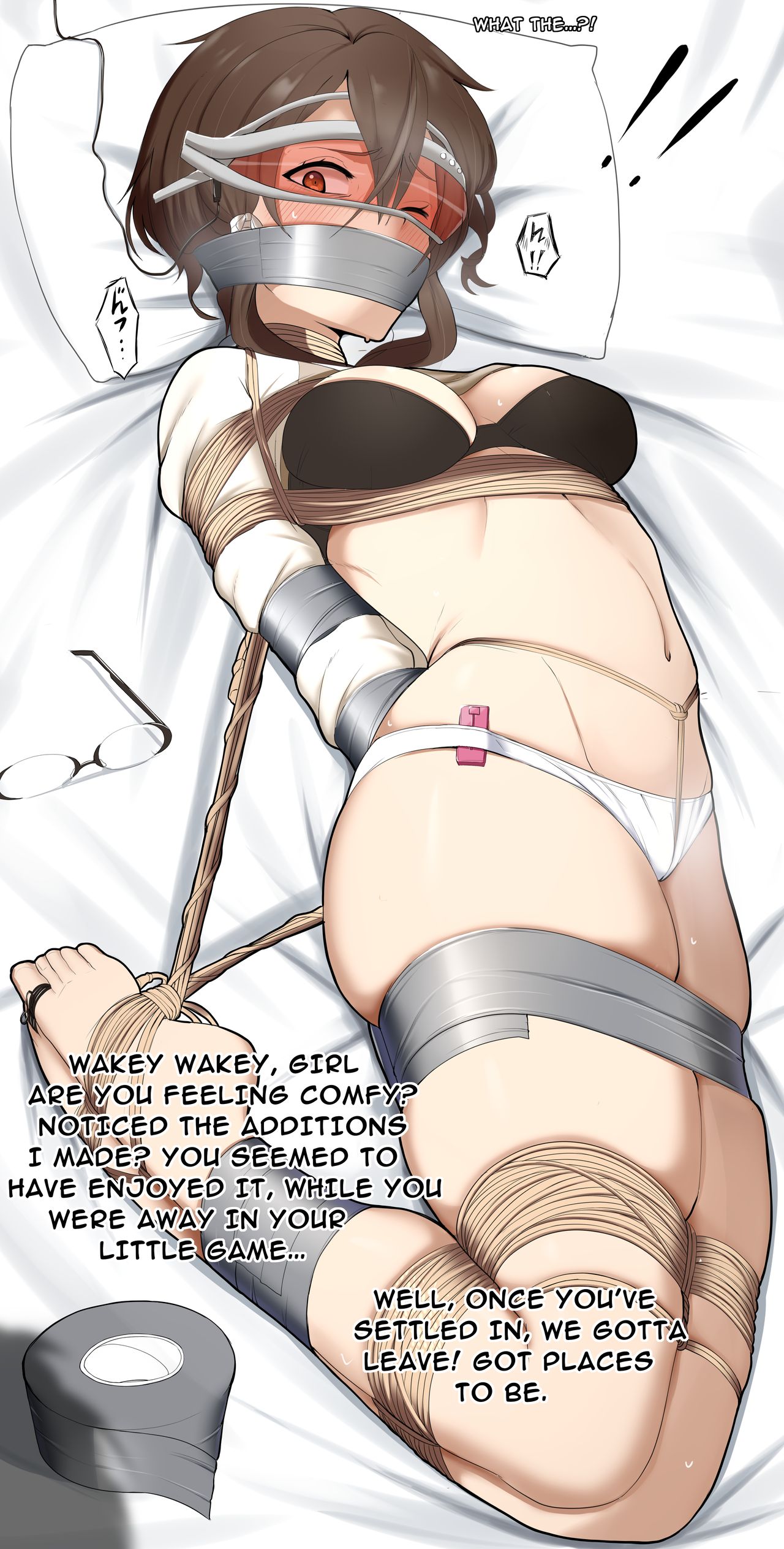 asada_shino bagelbomb barefoot bed blush bondage bound bra captured feet female_only gag glasses hogtie hogtied panties rope rope_bondage sinon sword_art_online tape text tied tied_up toes_tied vibrator