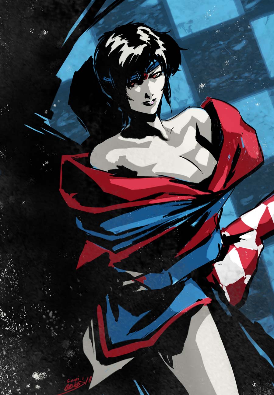 athletic, athletic female, bandana, bare legs, bare shoulders, big breasts, black hair, breasts, brown eyes, busty, cleavage, female, female focus, female only, hourglass figure, kagero (ninja scroll), kunoichi, ninja, ninja scroll, pose, posing, short hair, solo, tagme, wide hips